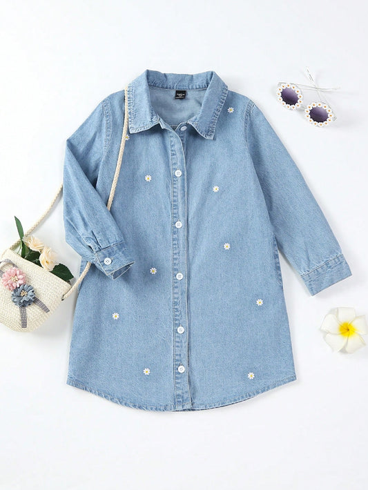 Young Girl Casual, Vacation Style, Daisy Embroidered, Loose Fit, Comfortable Denim Shirt Dress