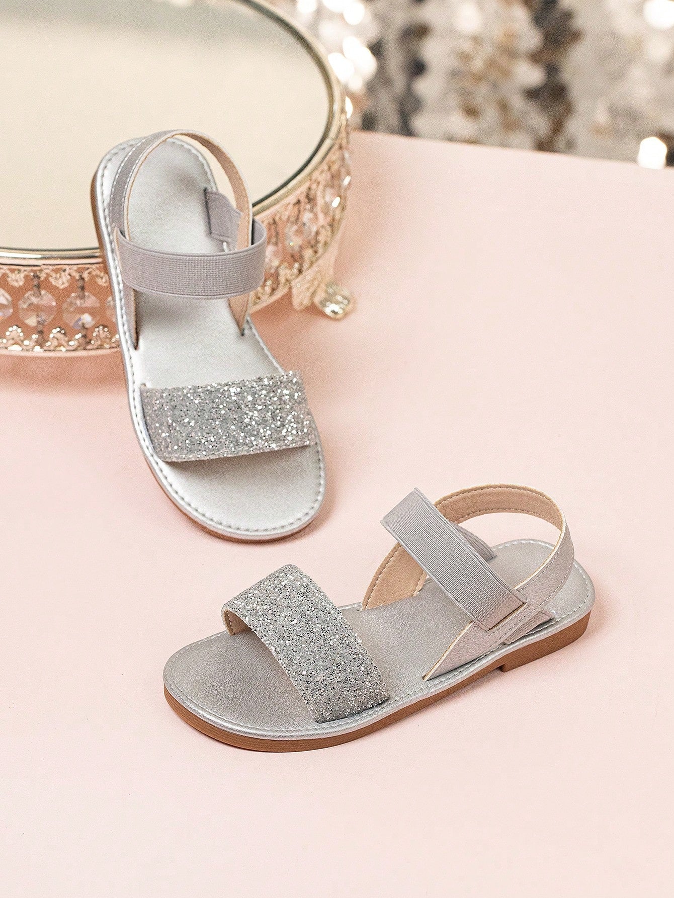 1pair Girls Glitter Single Band Ankle Strap Flat Sandals For Summer