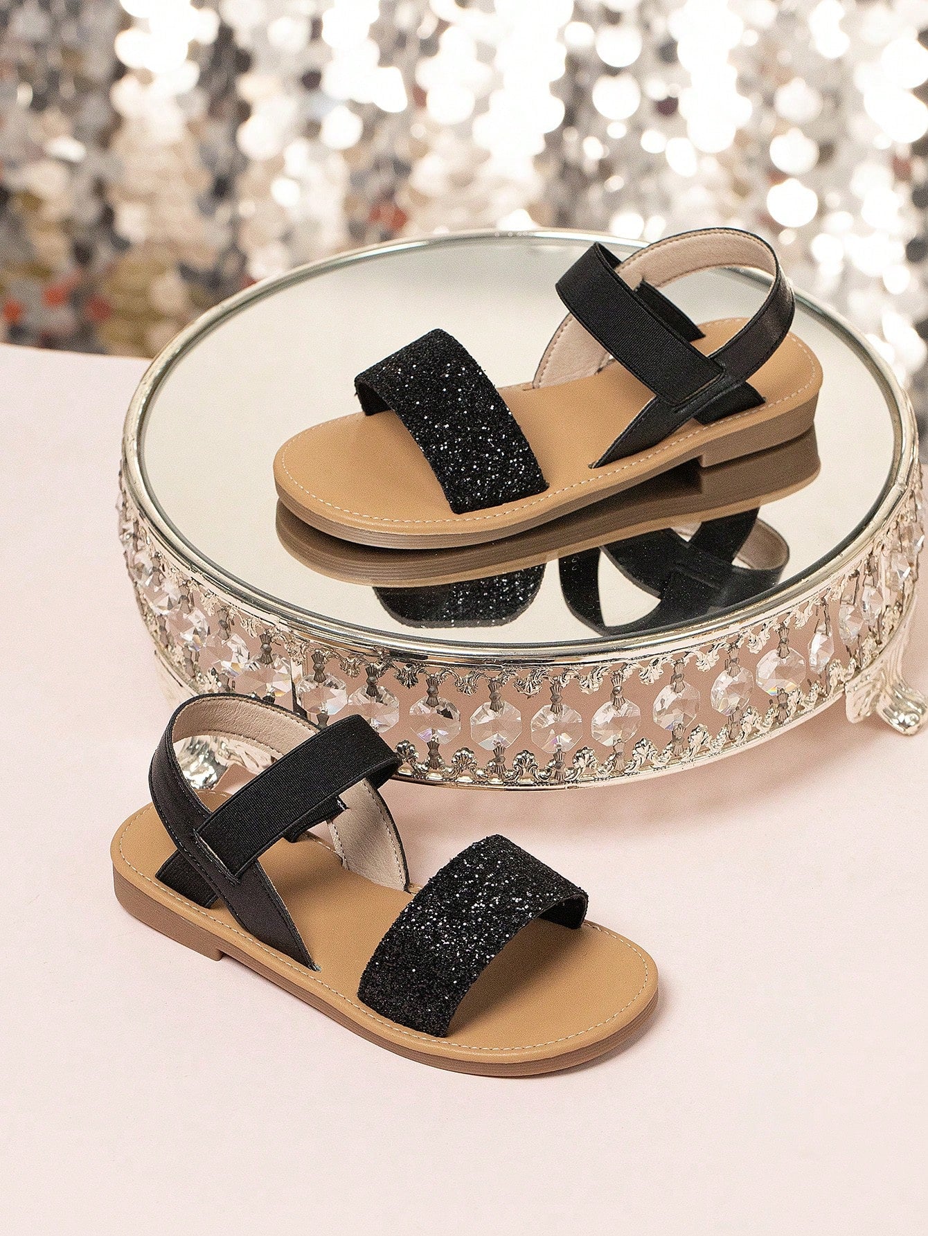 1pair Girls Glitter Single Band Ankle Strap Flat Sandals For Summer