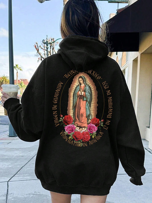 Women's Printed Hoodie With Virgin Mary Back Design