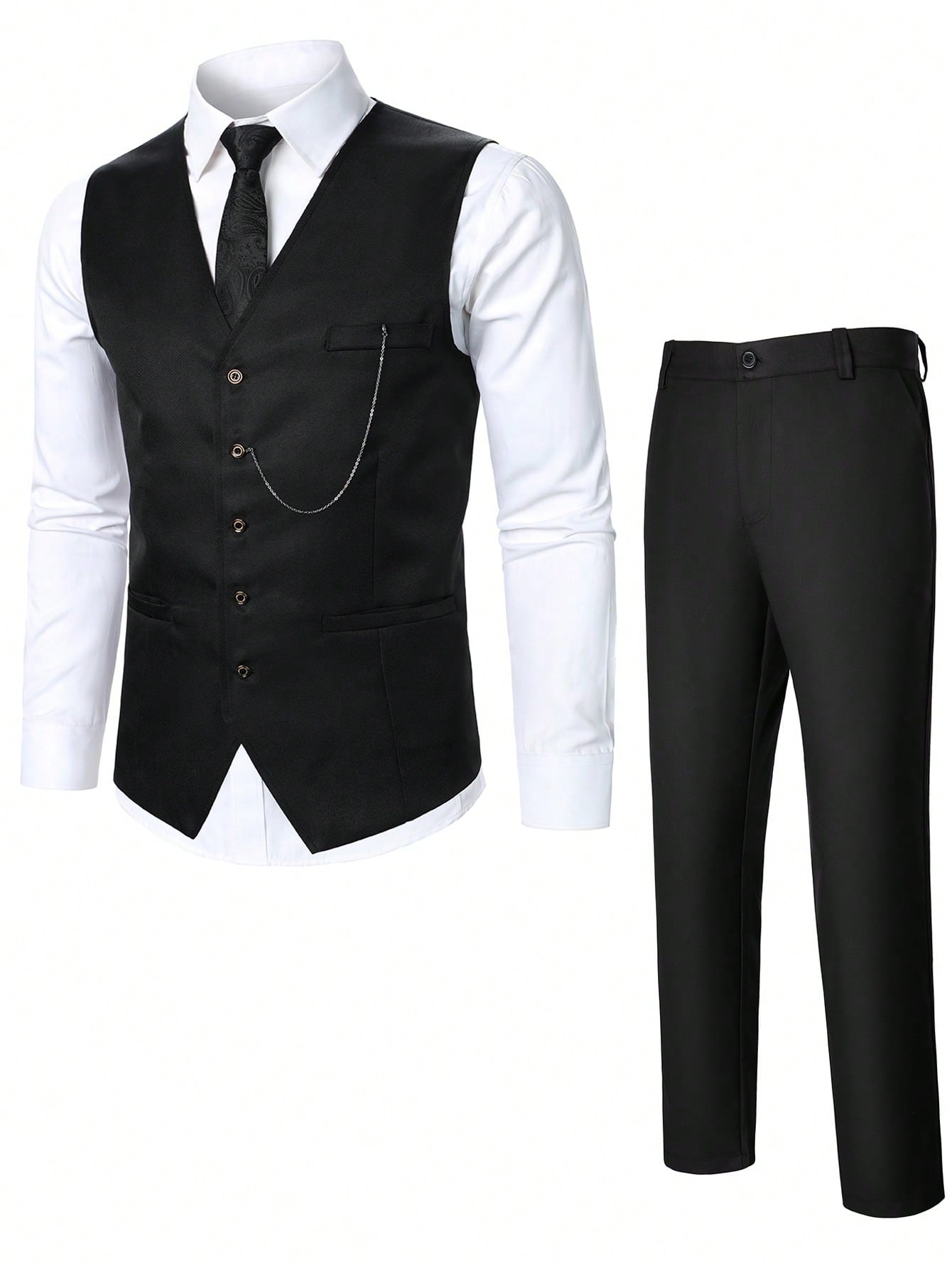 Men Single-Breasted Solid Color Suit Vest And Suit Pants Business Travel Outfit