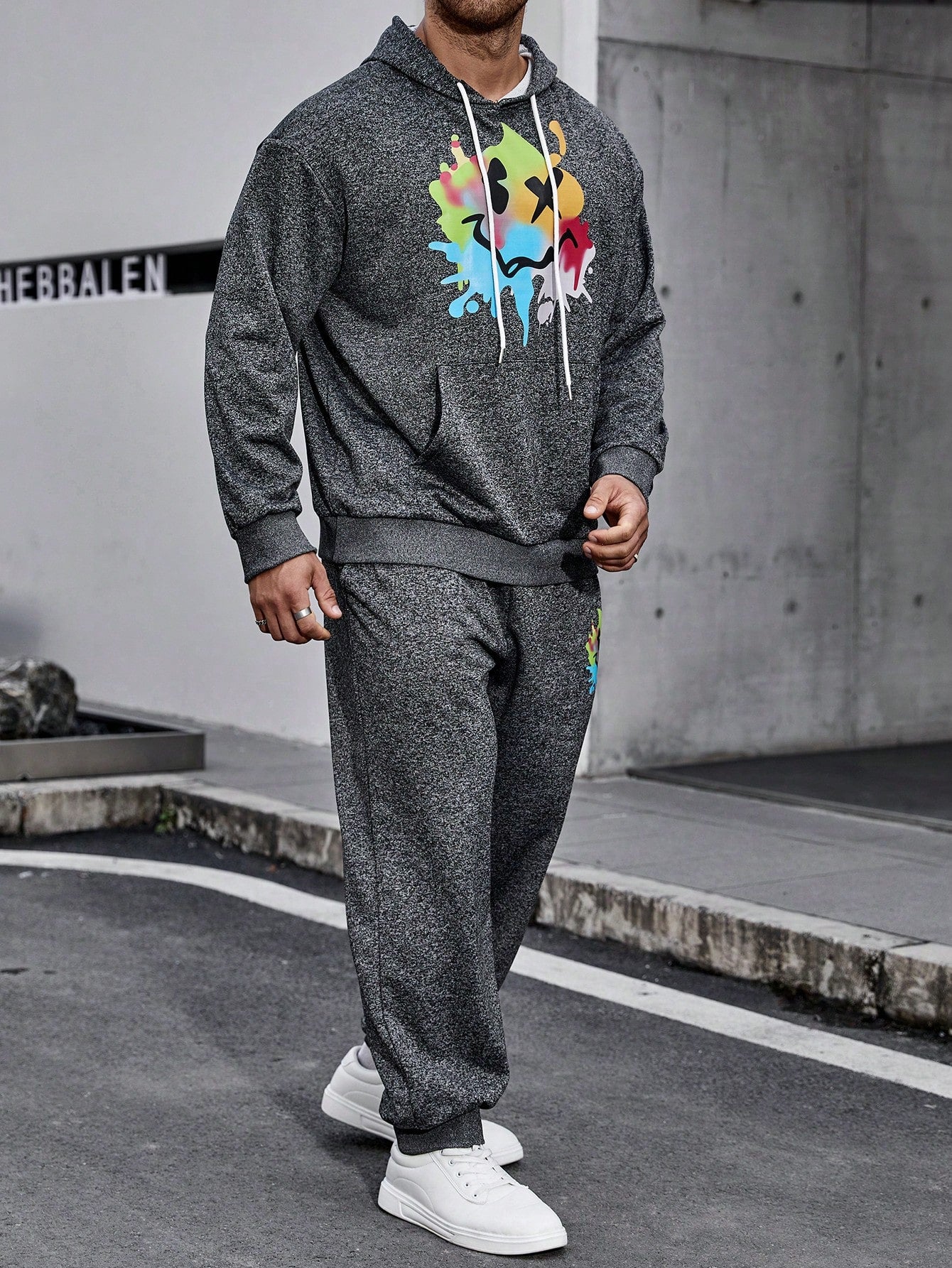 Men Plus Cartoon Text Printed Hoodie And Pants Set