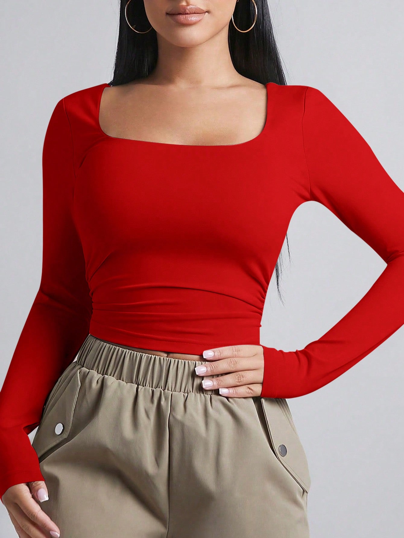 Square Neck Ruched Side Crop Tee