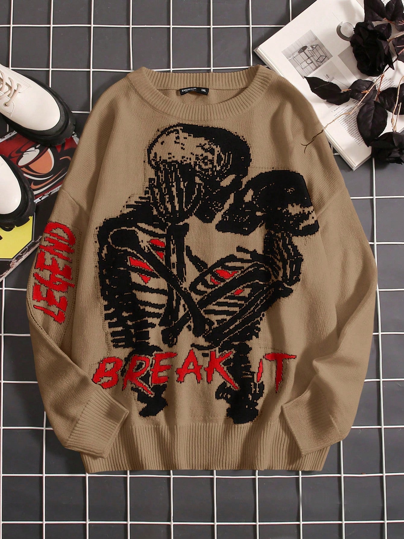 Plus Skeleton & Letter Pattern Drop Shoulder Sweater