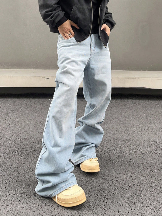 Men's Solid Color Wide Leg Denim Jeans With Slanted Pockets Baggy Long Washed Flare Jean Cargo Plain Light Blue Party Street Wear Rapper