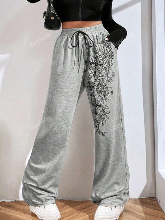 Gothic Valentine Floral Cross Drawstring Pants