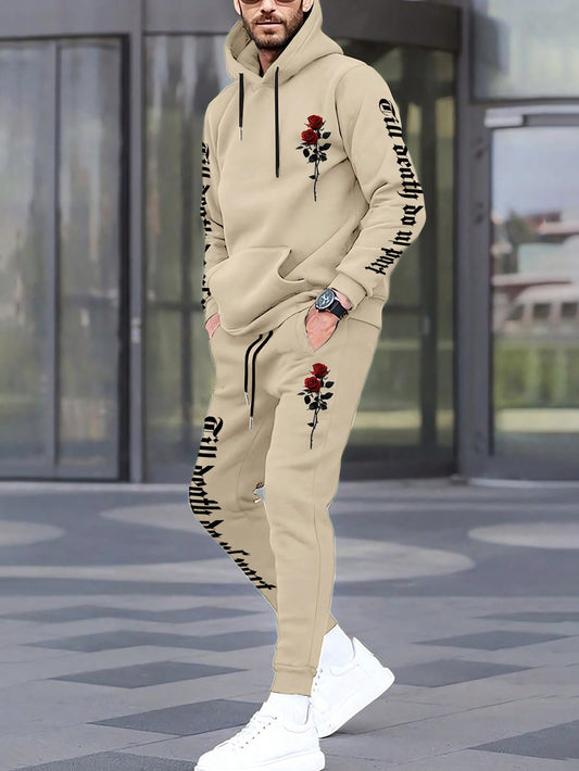 Men Floral & Letter Graphic Drawstring Hoodie & Sweatpants