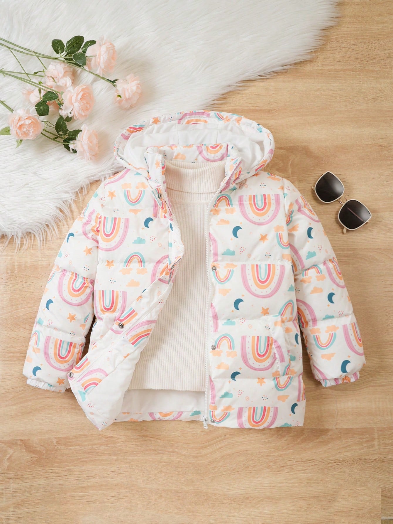 Rainbow Printed Down Coat For Girls, Suitable For Autumn And Winter