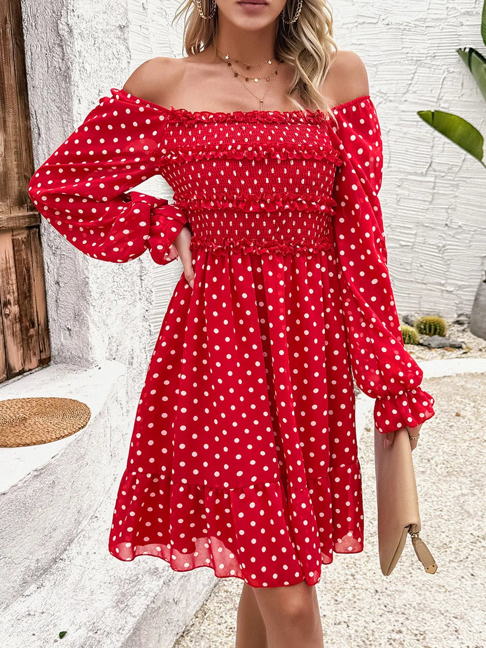 Smocked Polka Dot Long Sleeve Dress