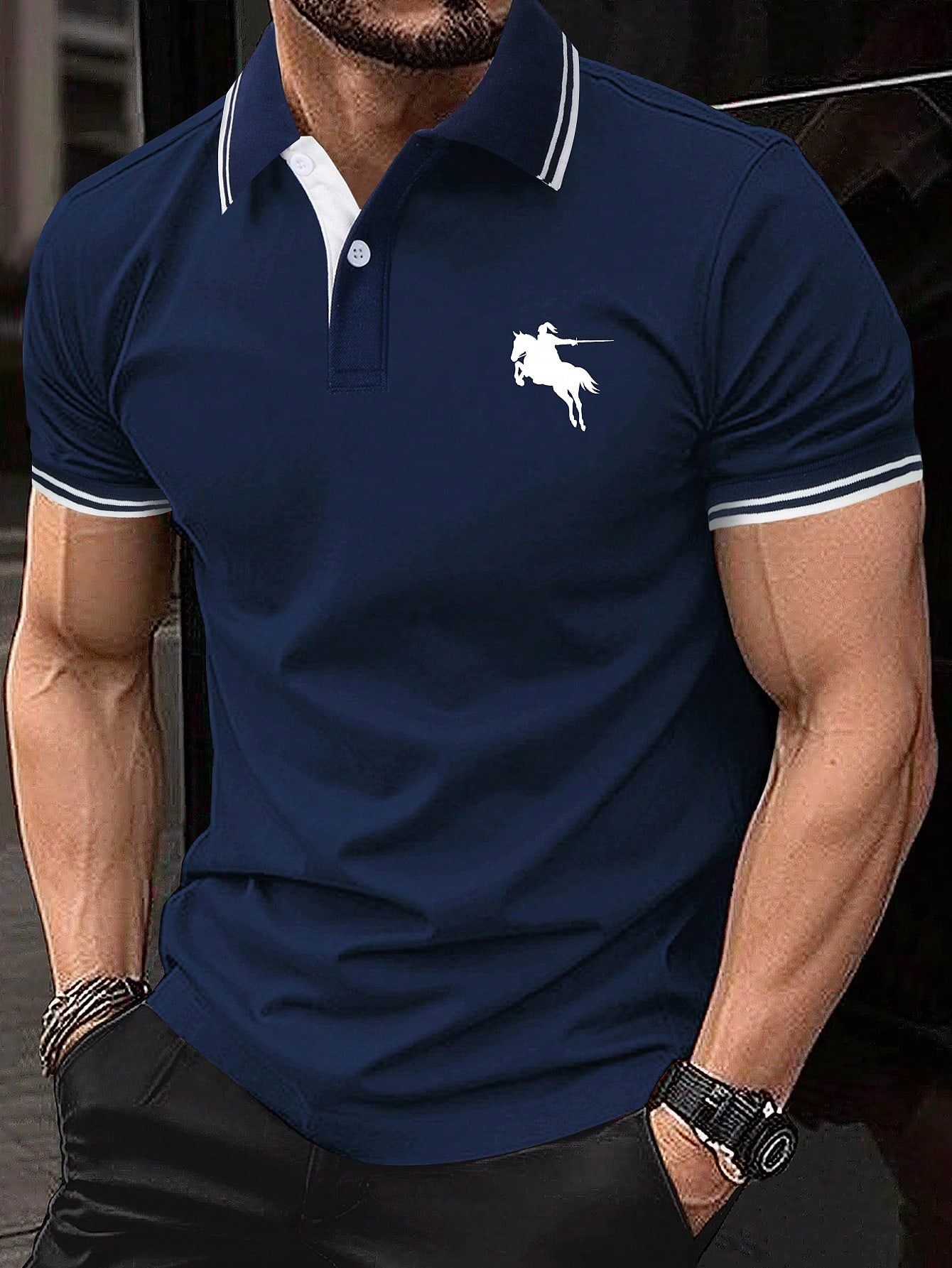 Men Horse Print Striped Trim Polo Shirt