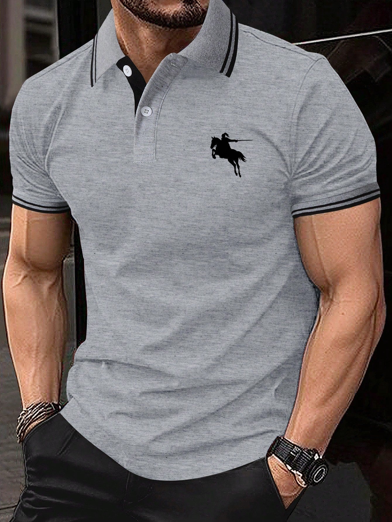 Men Horse Graphic Contrast Trim Polo Shirt