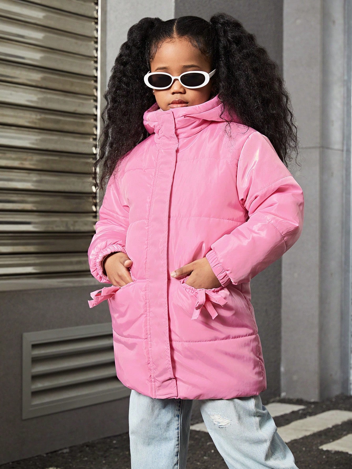 Tween Girl' Solid Color Hooded Padded Coat With Bow Decoration