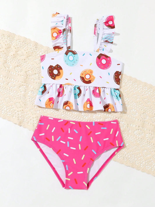 Young Girl Donut Print Two-Piece Swimsuit Set