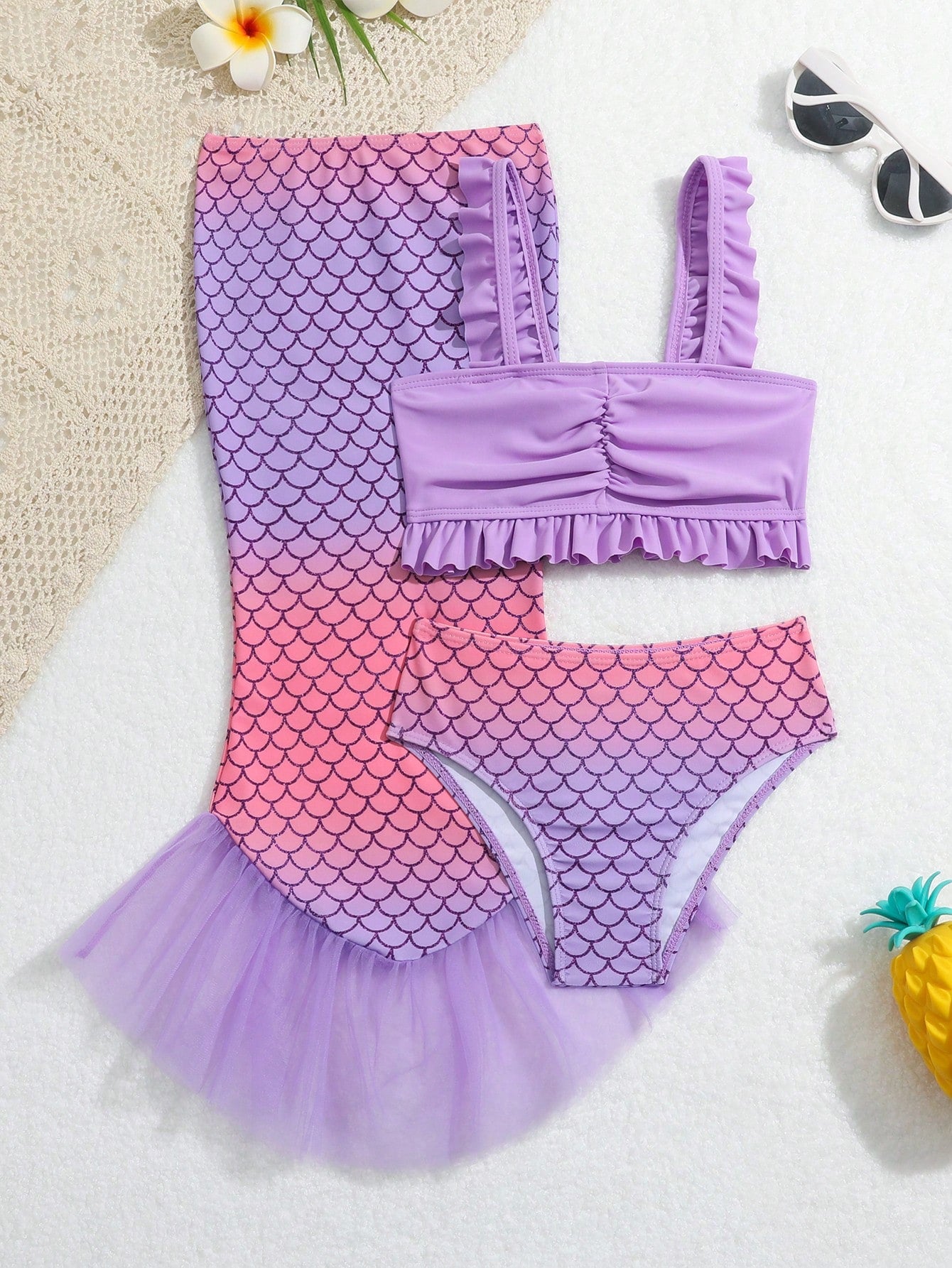 Young Girl Fish Scale Print Frill Trim Mermaid Tail Set