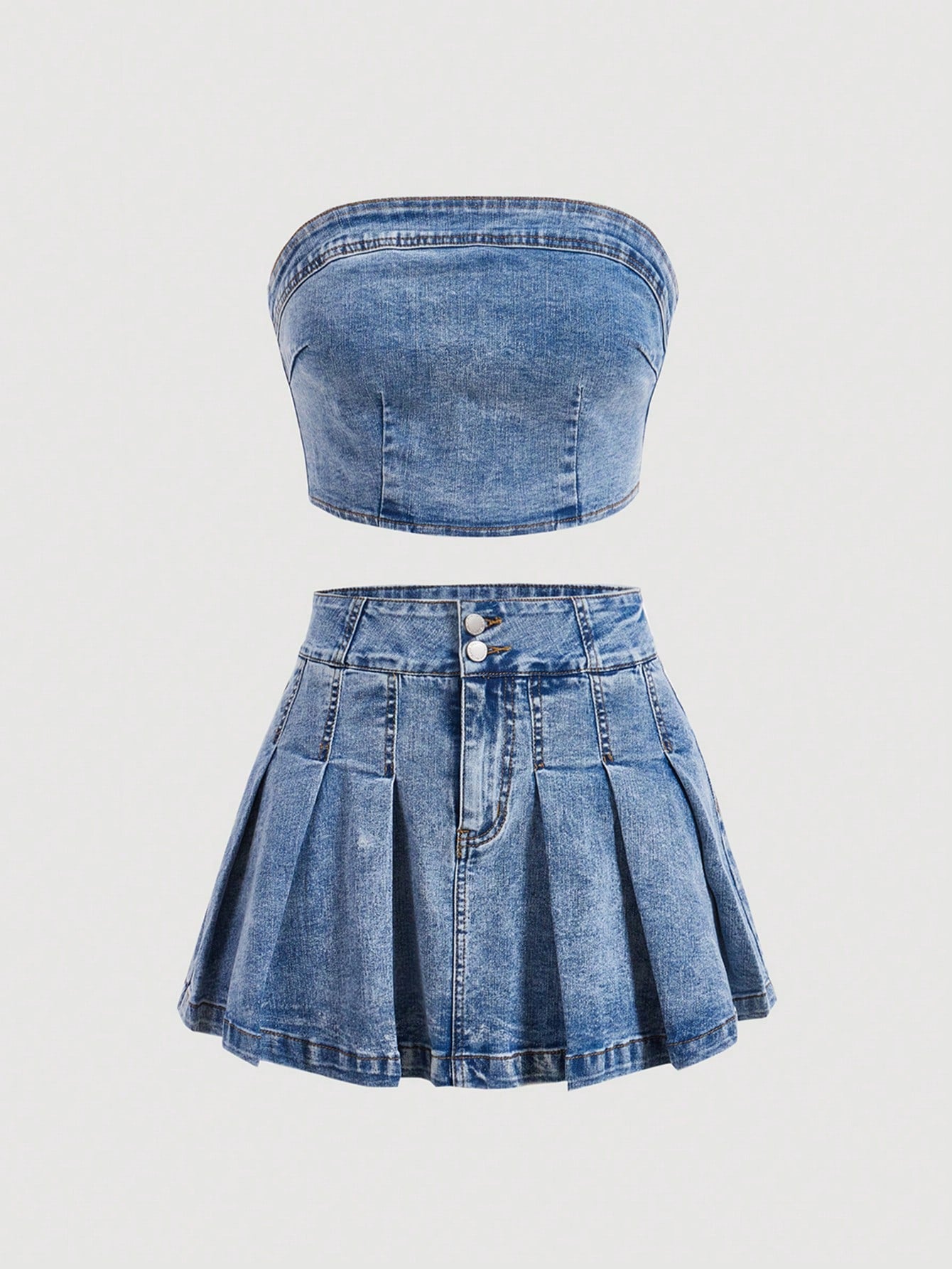 Women's Strapless Pressed Pleat Denim Skirt Set