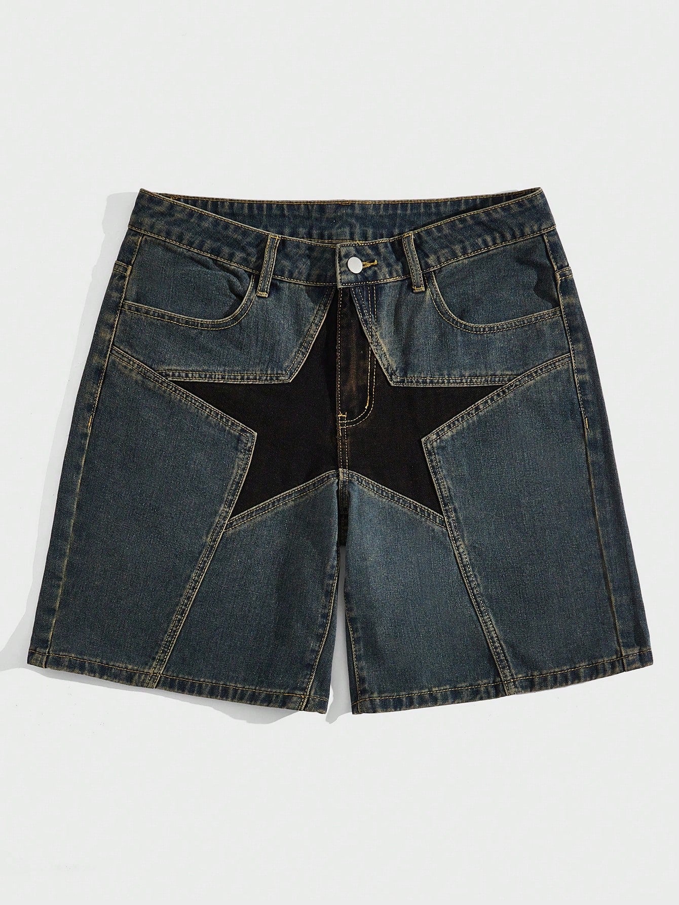 Street Life Men's Star Pattern Denim Shorts With Slanted Pockets