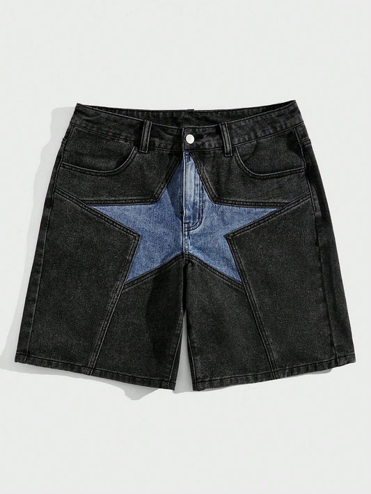 Men Color-Blocking Star Pattern Denim Shorts