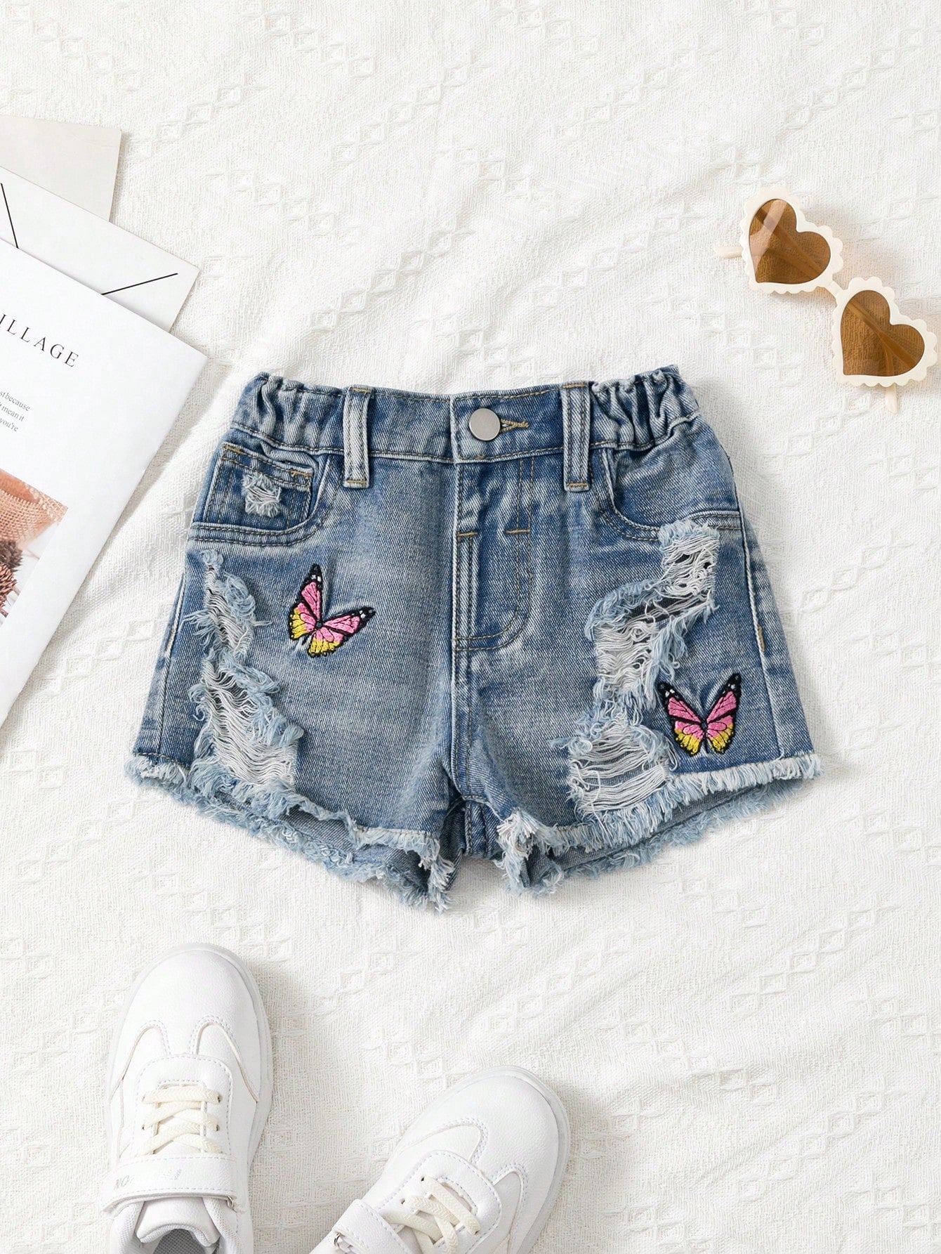 Young Girl Light-Washed Blue Denim Shorts With Butterfly Embroidery, Distressed & Frayed Hemline