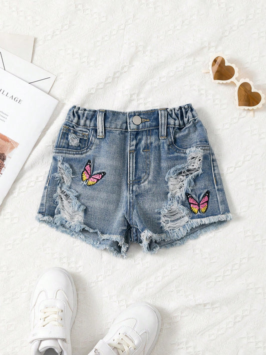 Young Girl Light-Washed Blue Denim Shorts With Butterfly Embroidery, Distressed & Frayed Hemline