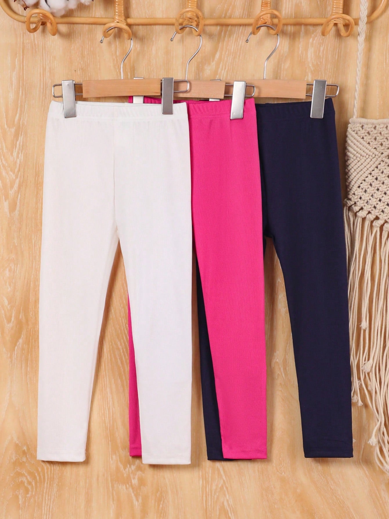 Young Girl 3pcs Solid Ribbed Knit Leggings