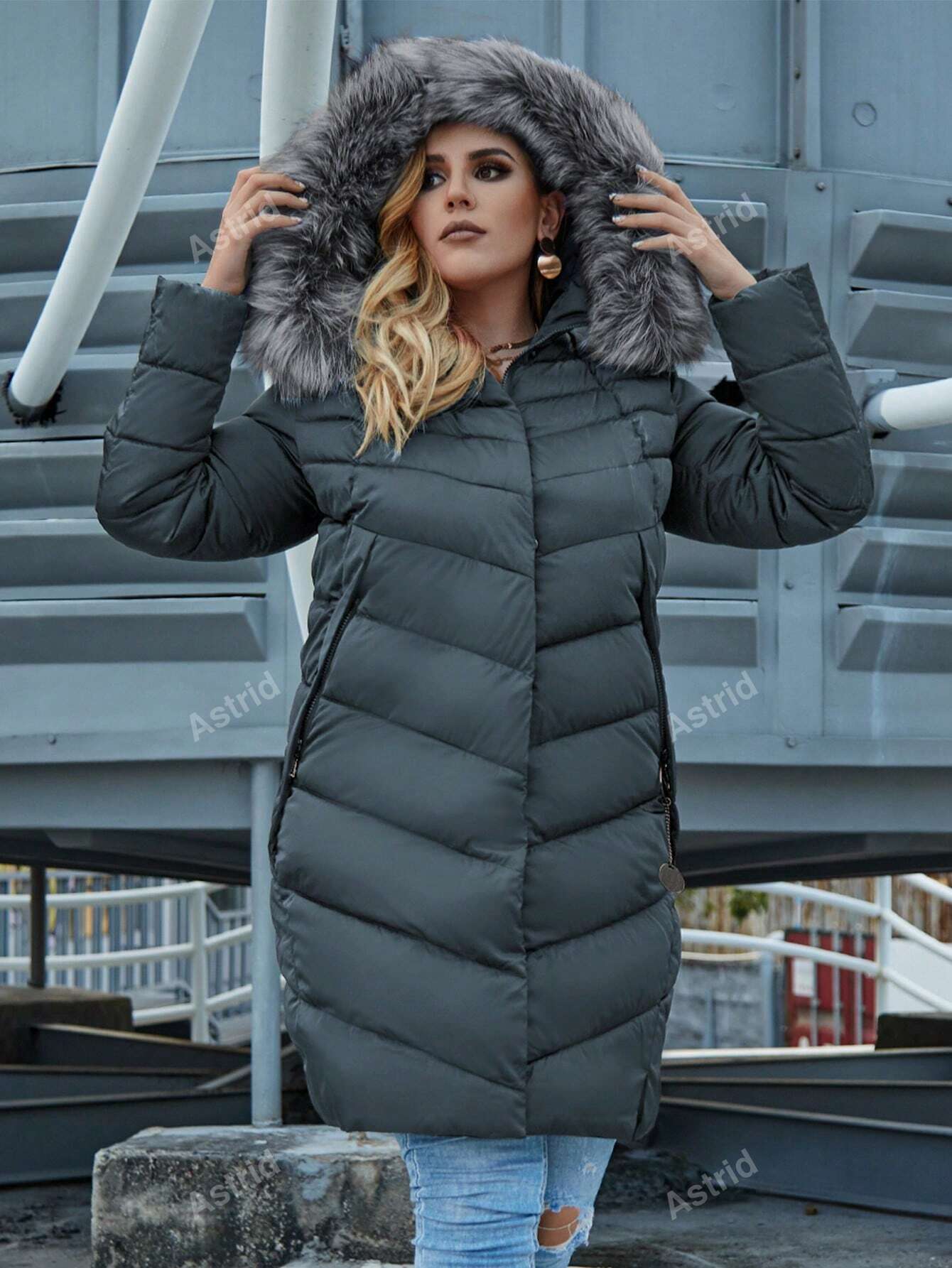 Astrid Astrid Plus Fuzzy Hooded Zip Up Padded Coat