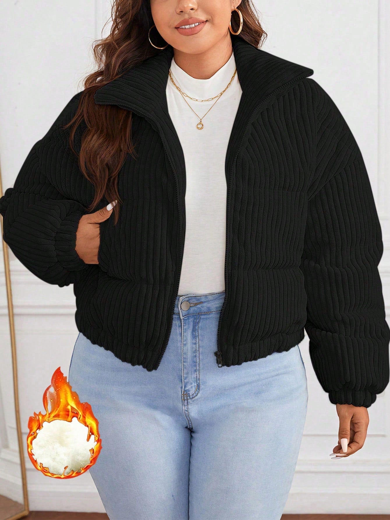 Plus Size Padded Coat With Diagonal Pocket And Front Zipper