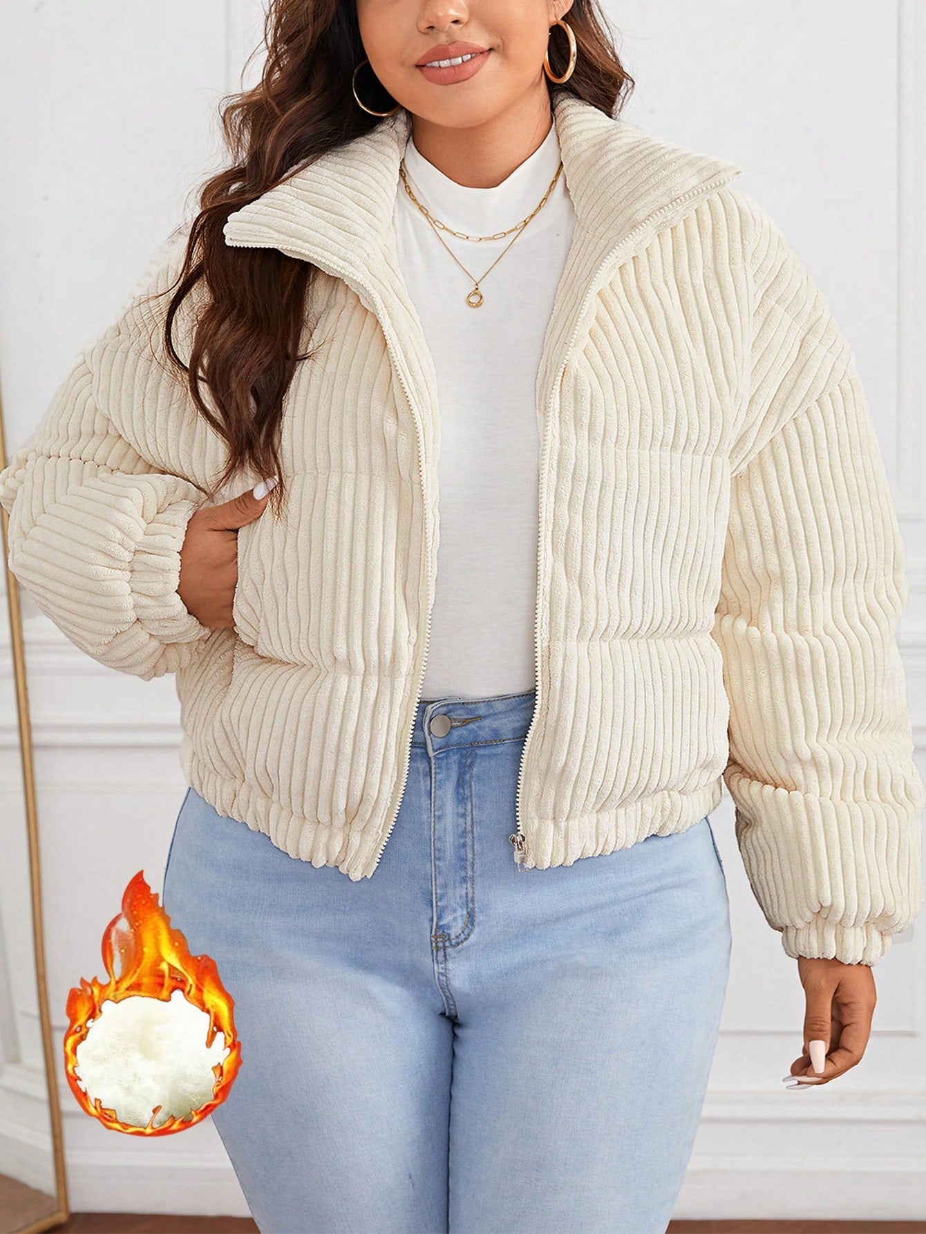 Plus Size Padded Coat With Diagonal Pocket And Front Zipper