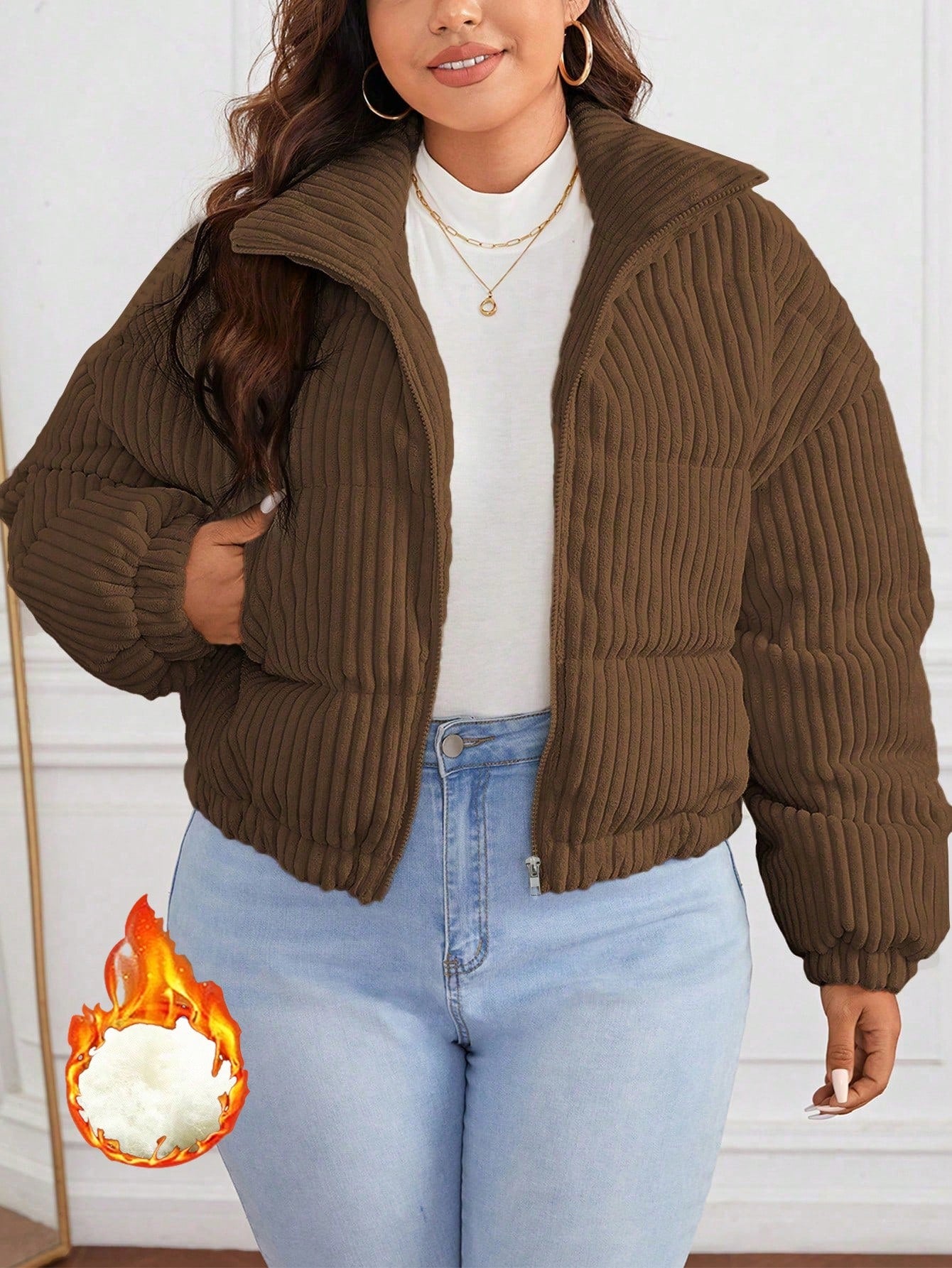 Plus Size Padded Coat With Diagonal Pocket And Front Zipper