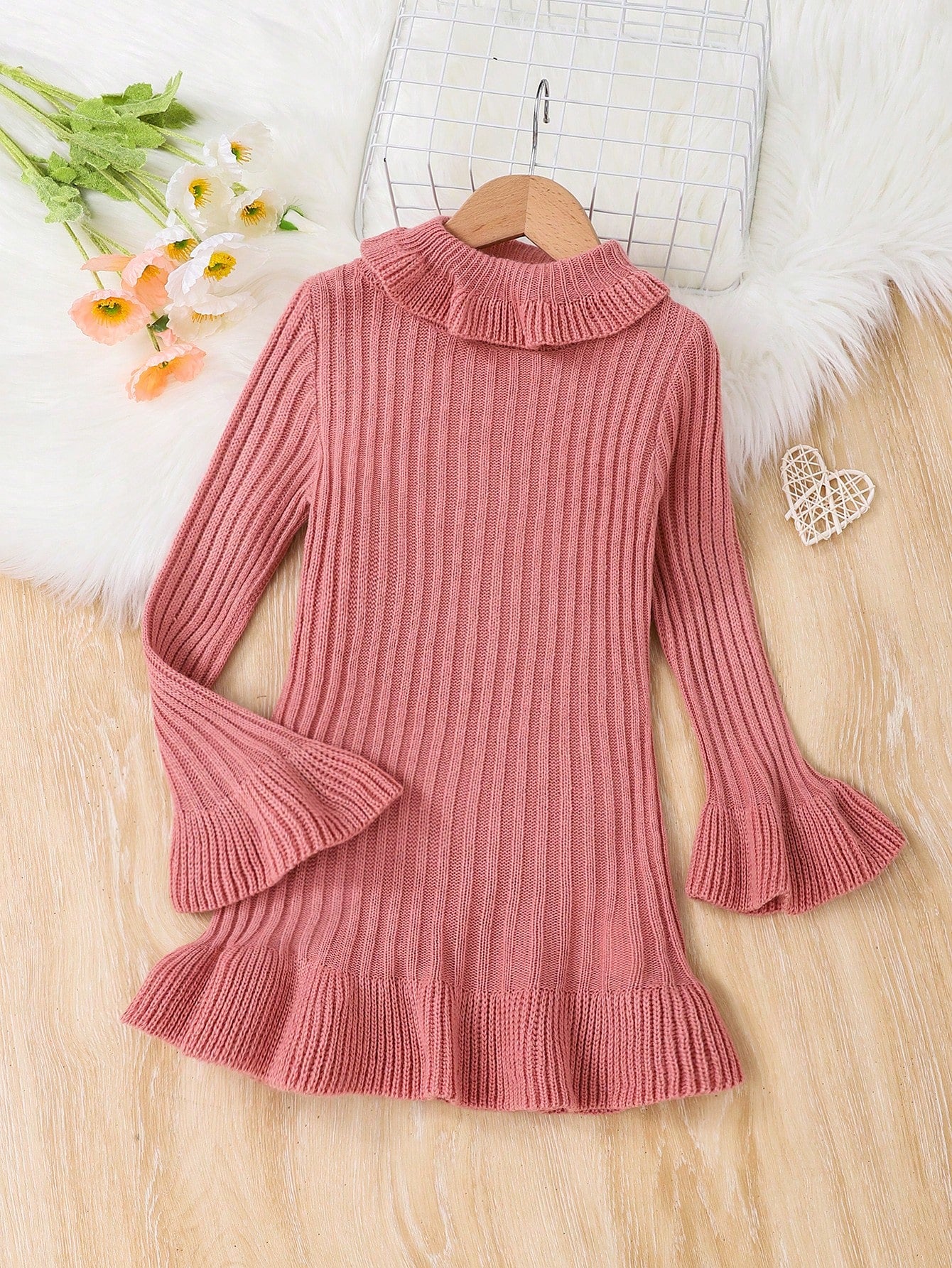 Girls' Long Sleeve Round Neck Ruffle Detail Pullover Sweater Dress For Sports