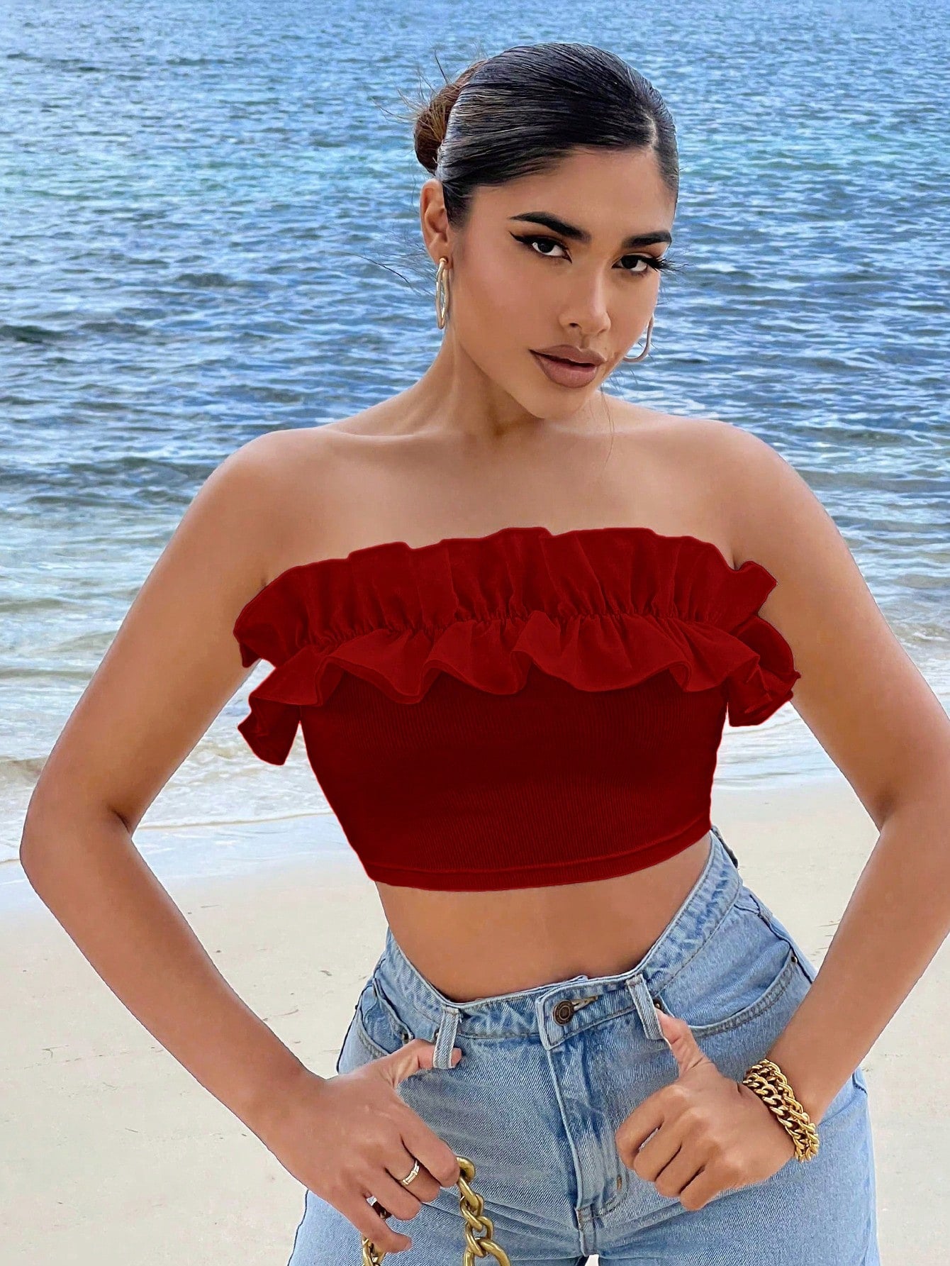 Ruffle Trim Crop Tube Top