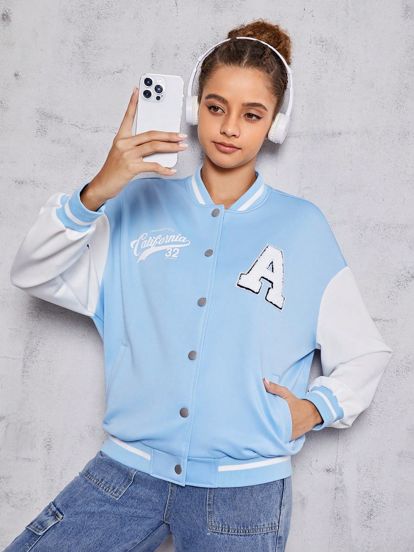 Teen Girl Letter Graphic Two Tone Drop Shoulder Varsity Jacket