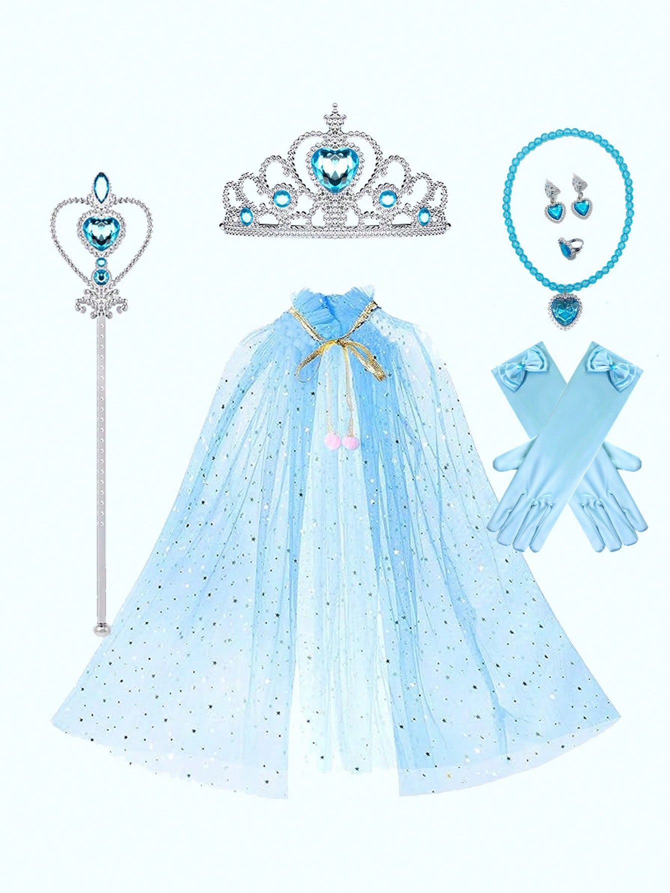 1set Children Princess Costume - Sheer Veil Cape, Tiara Headband, Wand, Macaron Color Stars & Moon, Ideal For Role-playing During Birthday Party