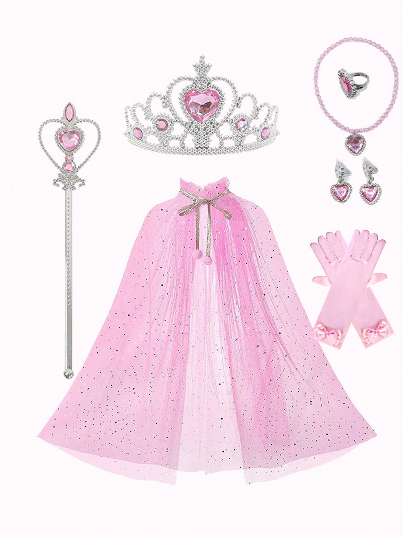 1set Children Princess Costume - Sheer Veil Cape, Tiara Headband, Wand, Macaron Color Stars & Moon, Ideal For Role-playing During Birthday Party