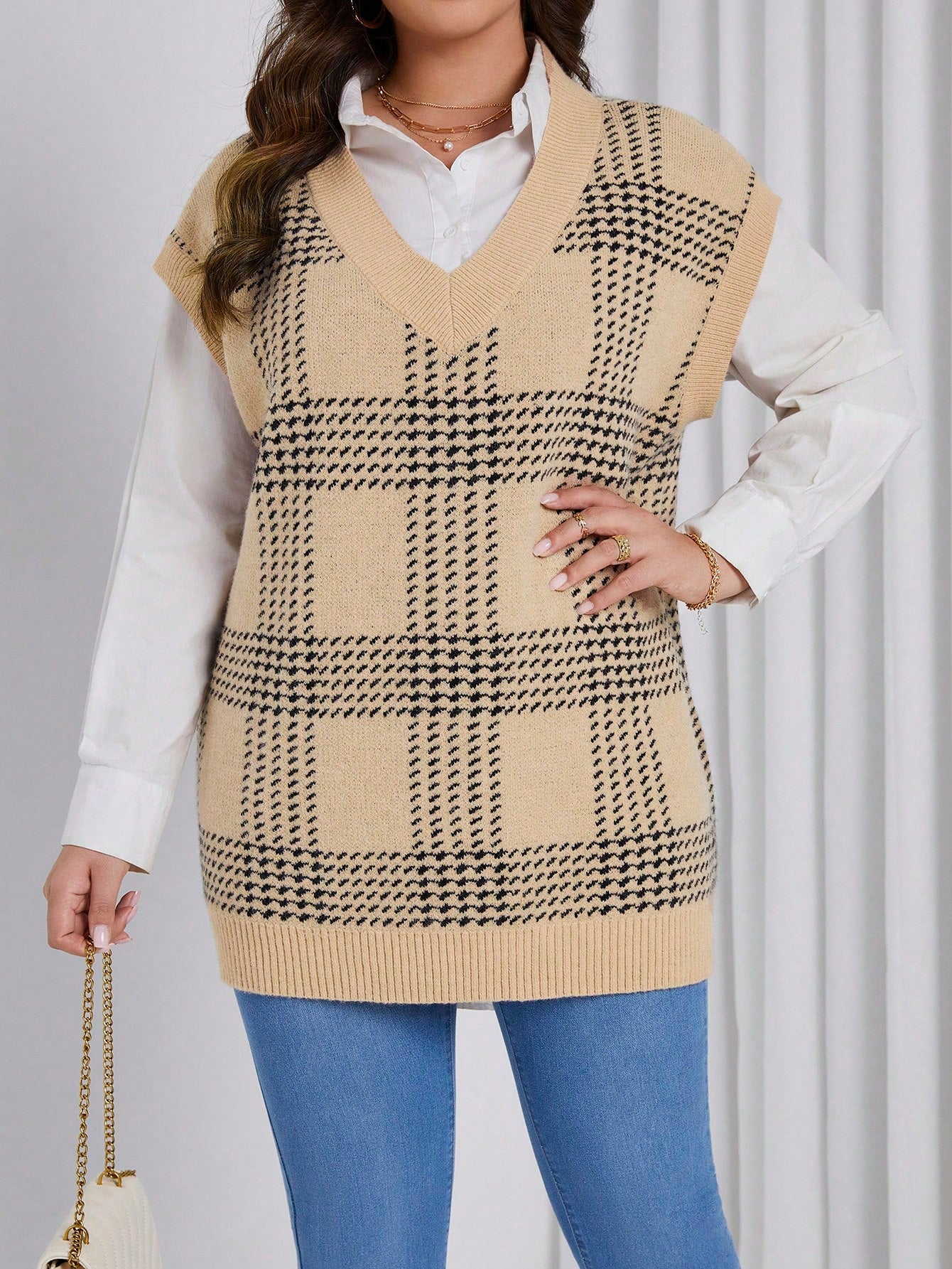 Plus Plaid Pattern Sweater Vest Without Blouse