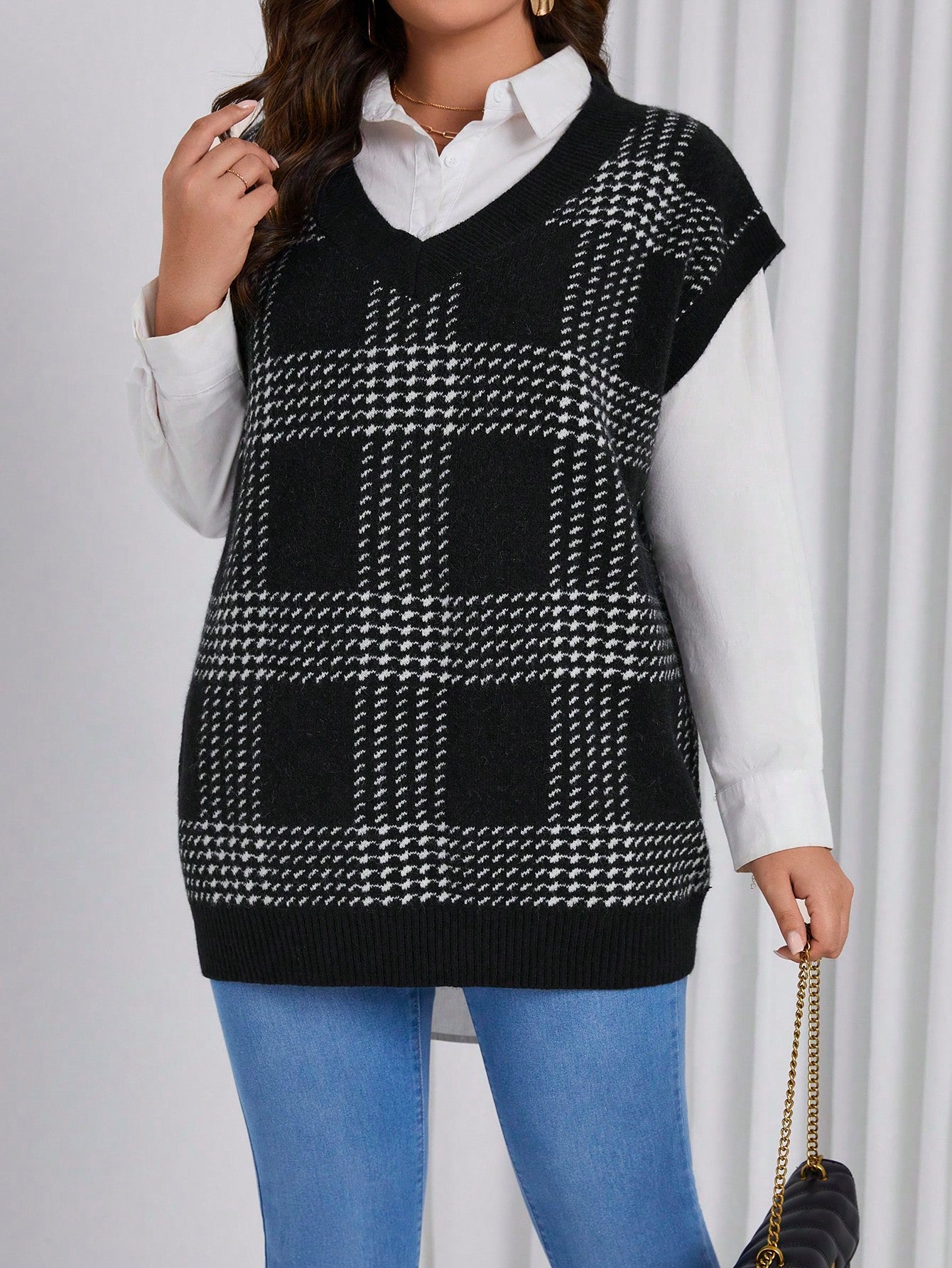 Plus Plaid Pattern Sweater Vest Without Blouse