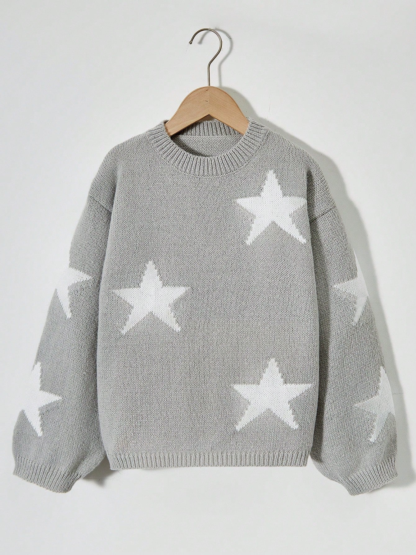 Tween Girl Star Pattern Round Neck Drop Shoulder Sweater