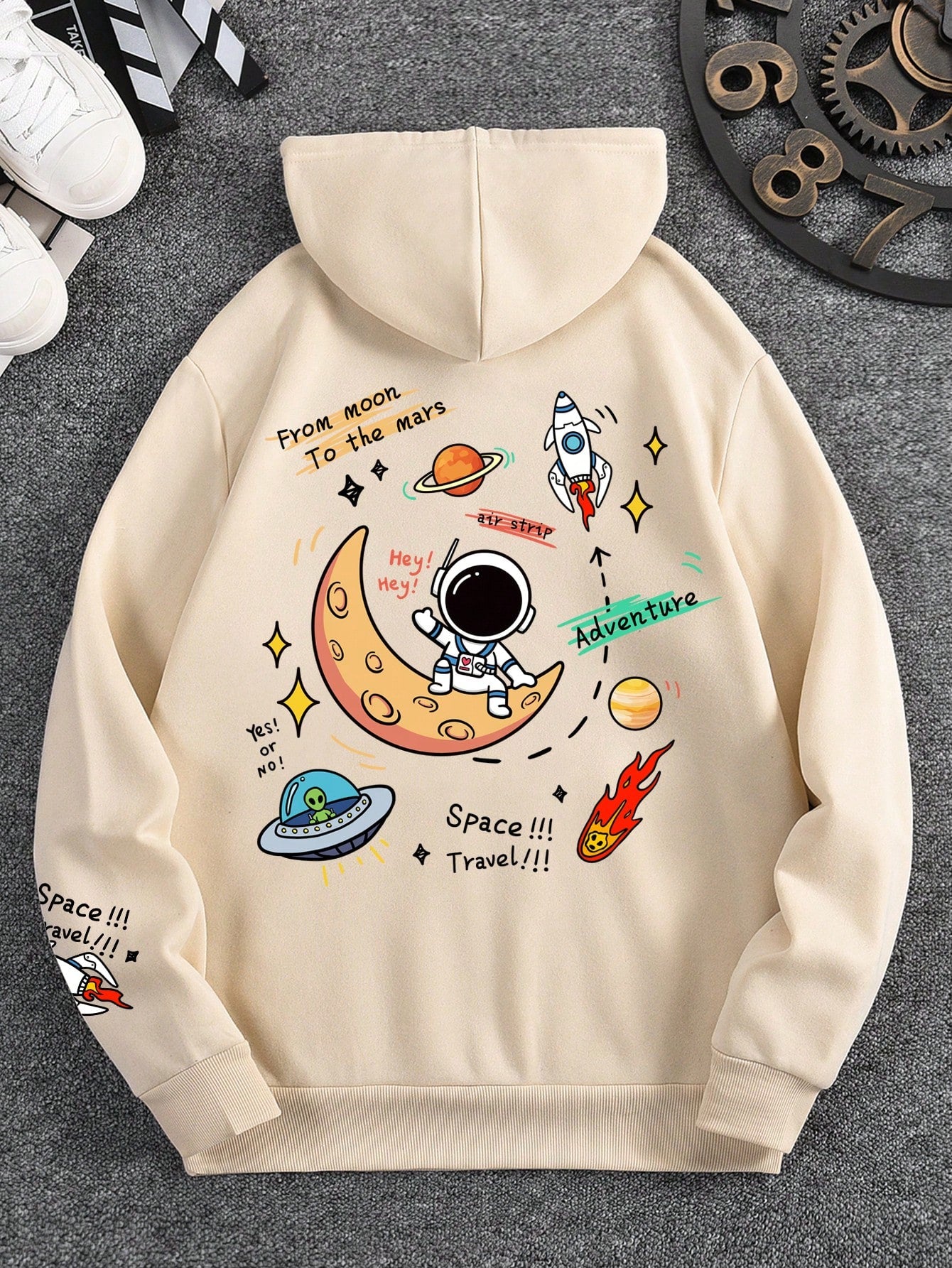 Men's Spacecraft & Alien Pattern Printed Hoodie