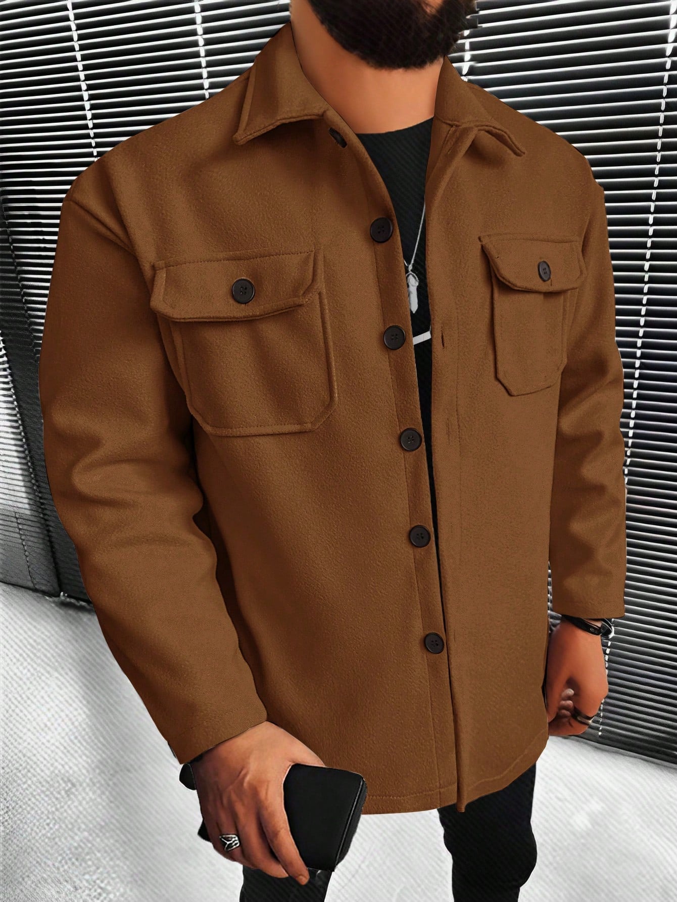 Men Flap Pocket Drop Shoulder Overcoat Without Hoodie