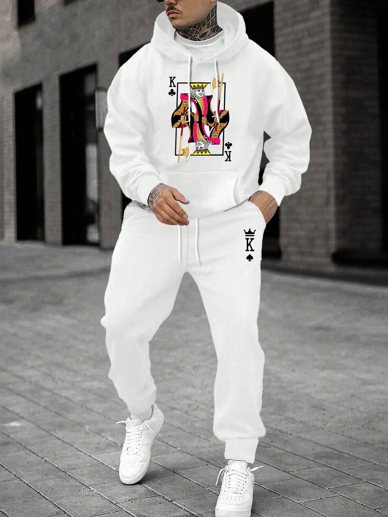 Men's Card Printed Drawstring Hoodie And Sweatpants Two Piece Set