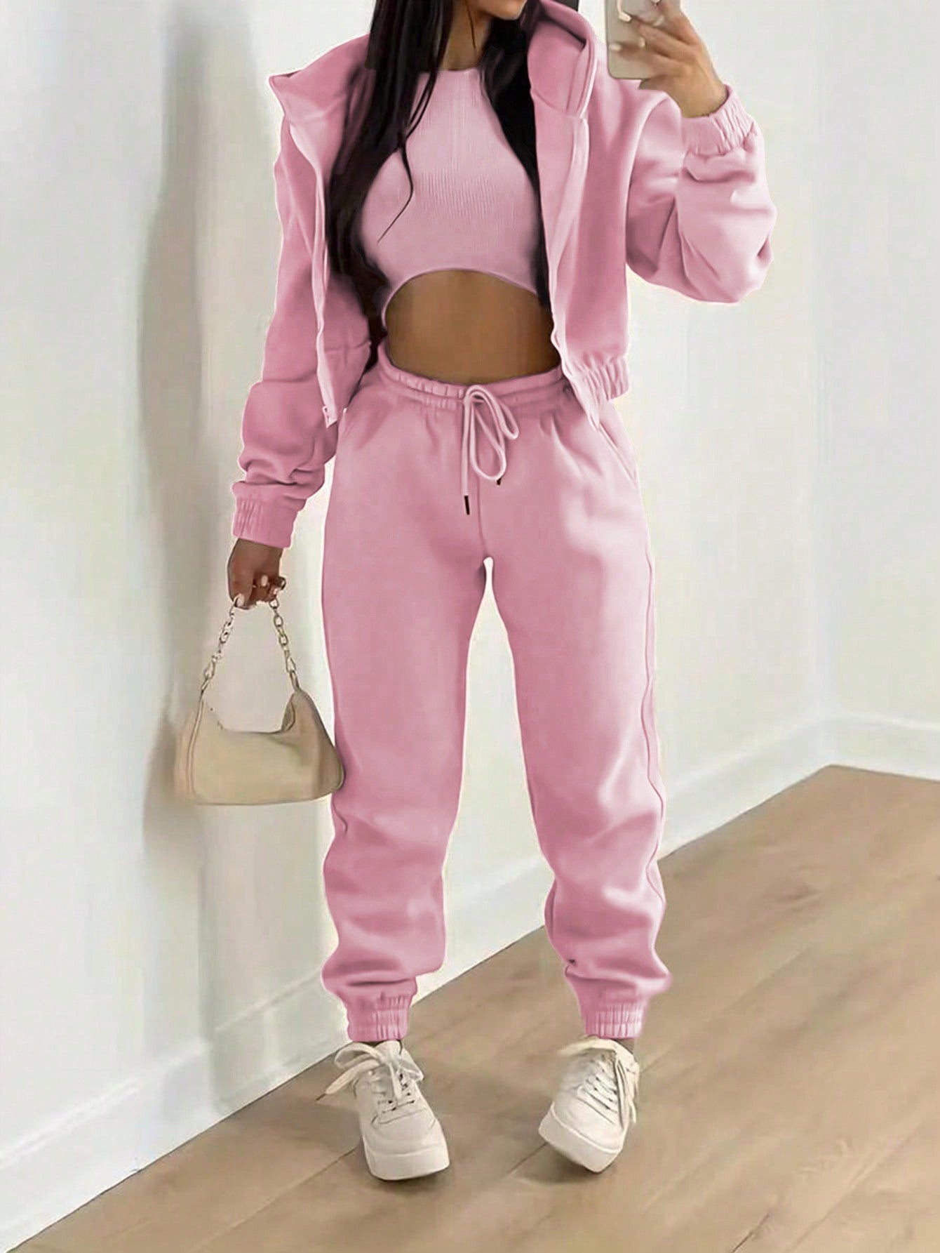 3 Piece Solid Color Hooded Short Sweatshirt And Sweatpants Vest Set