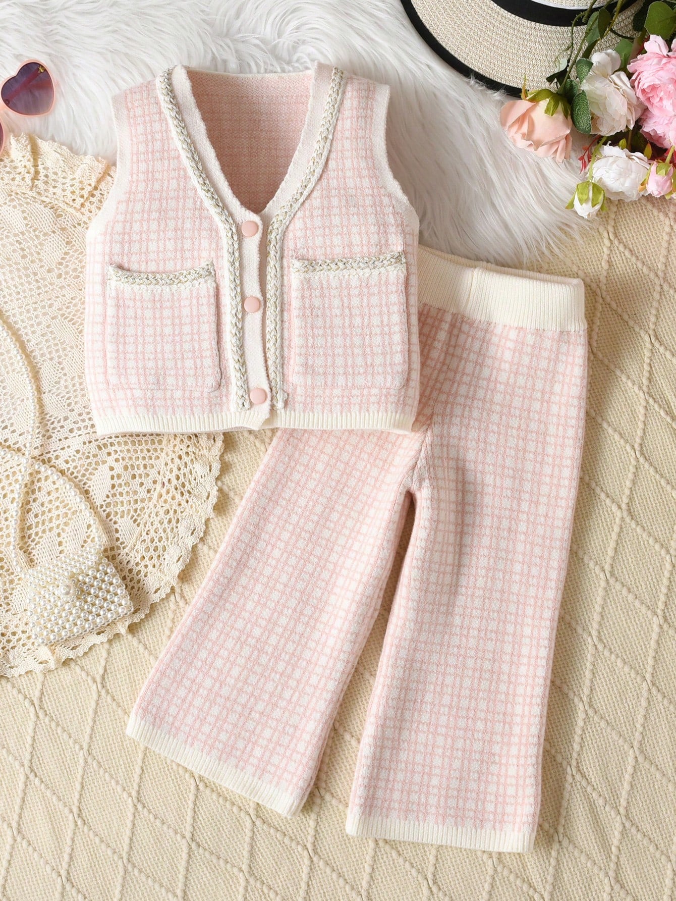 2pcs Young Girl's Checkered Splice Ribbon Pockets Sweater Vest And Knit Pants Casual Outfit, Summer