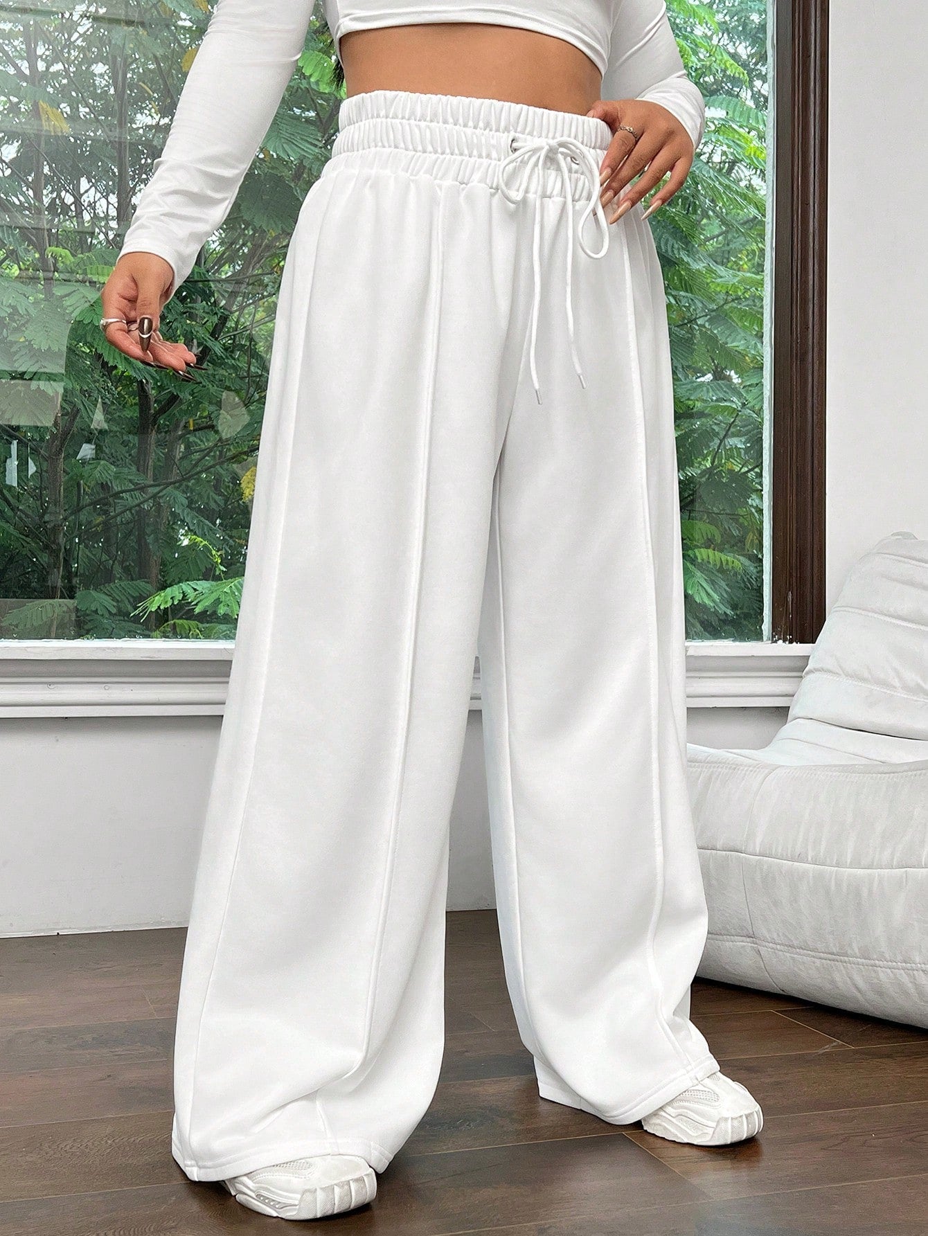 Plus Drawstring Waist Wide Leg Sweatpants Dress Pants