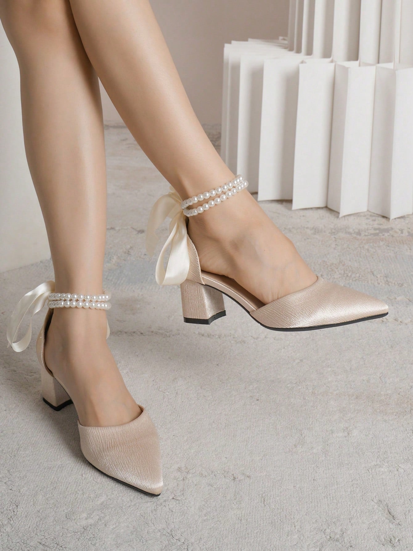 Satin Faux Pearl & Bow Decor Chunky Heeled Ankle Strap Pumps