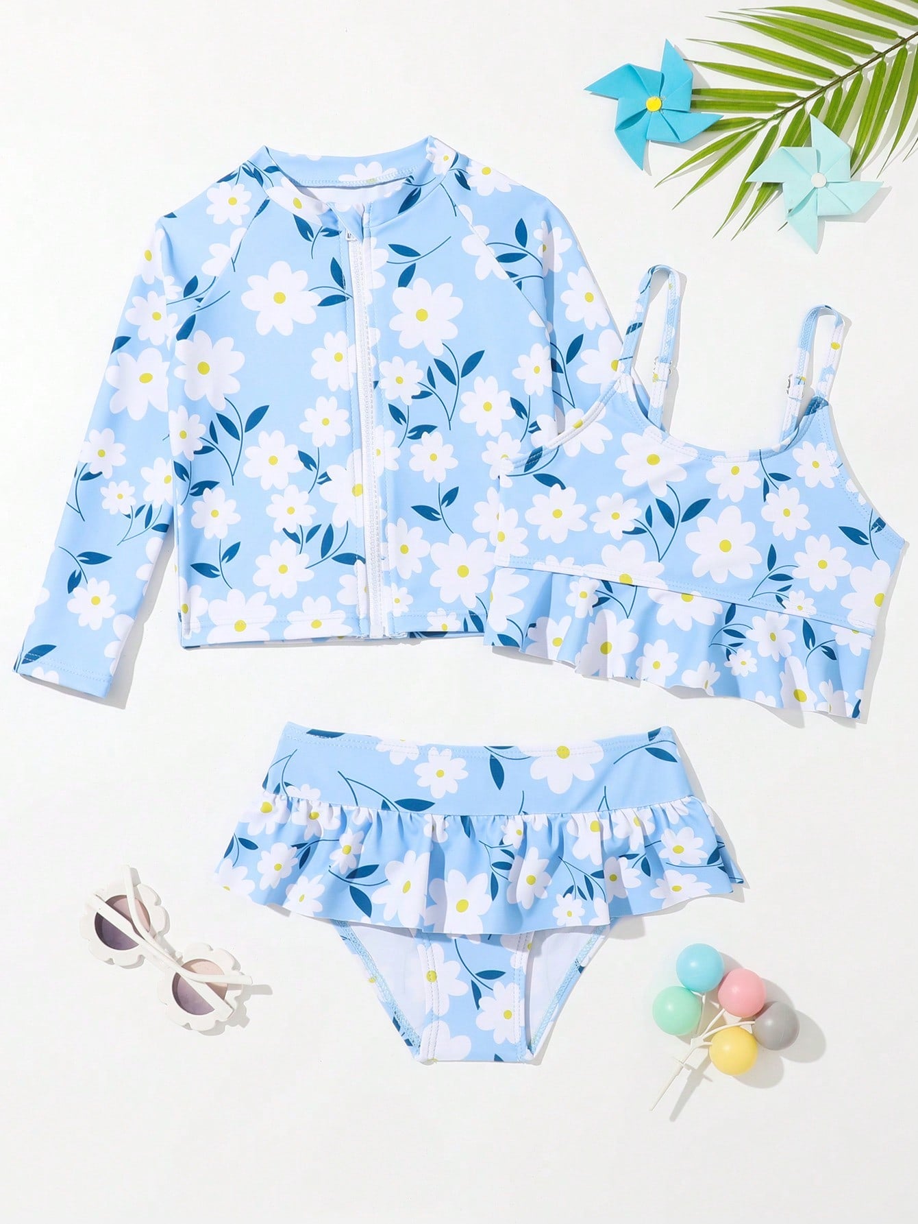 Young Girl Bikini Set With Floral Print Frill And Long Sleeve Swimwear Top, 3pcs Matching Set