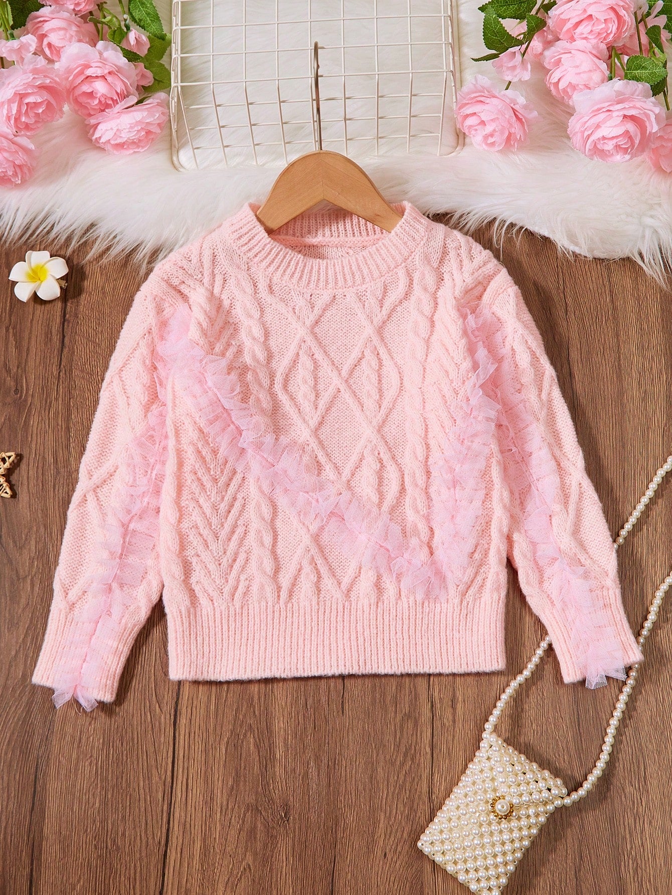 Little Girls' Mesh Knit Sweater With Layered Ruffle Detail