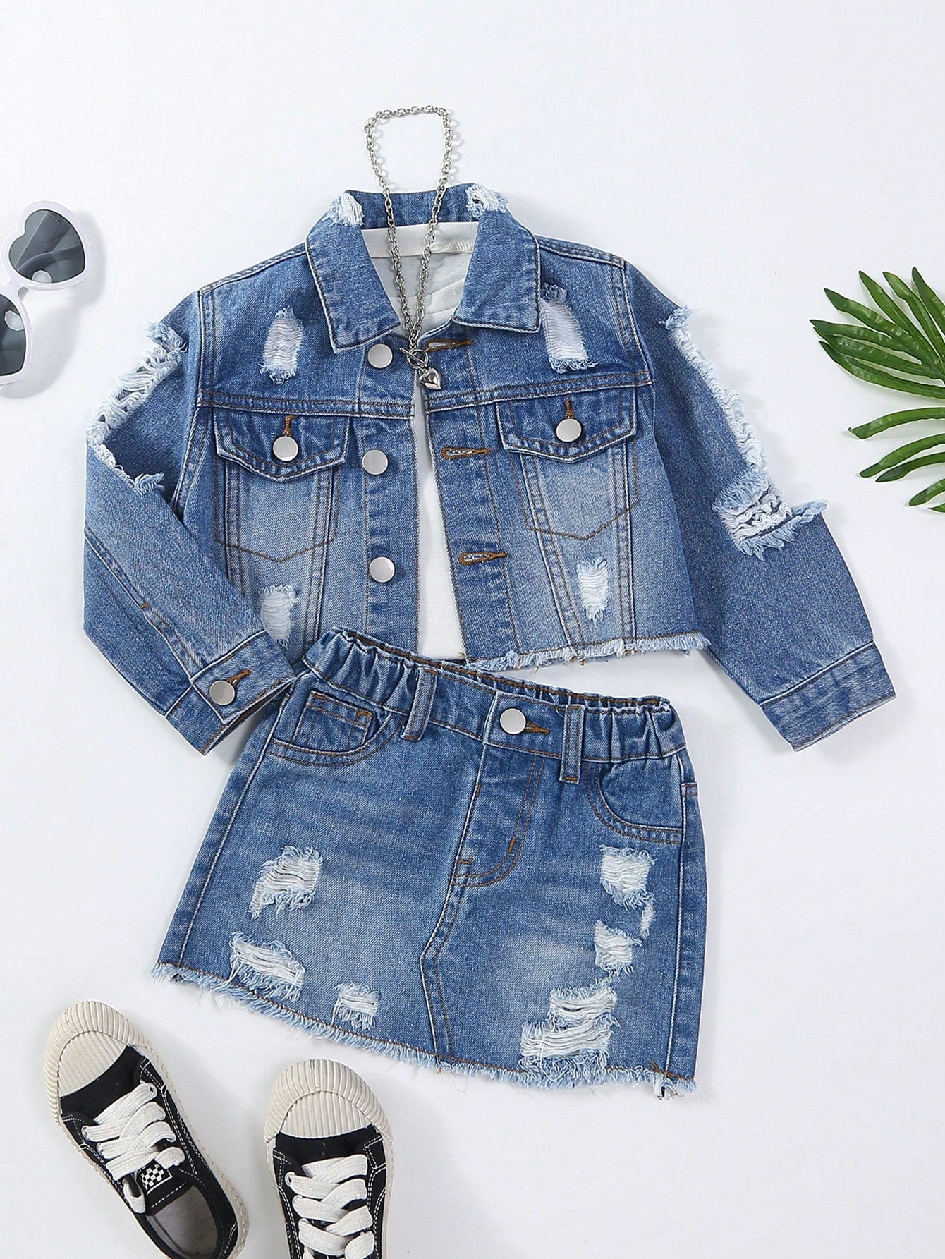 Young Girl Cool Street Style Mid-Blue Patches Ripped Denim Jacket And Skirt Set