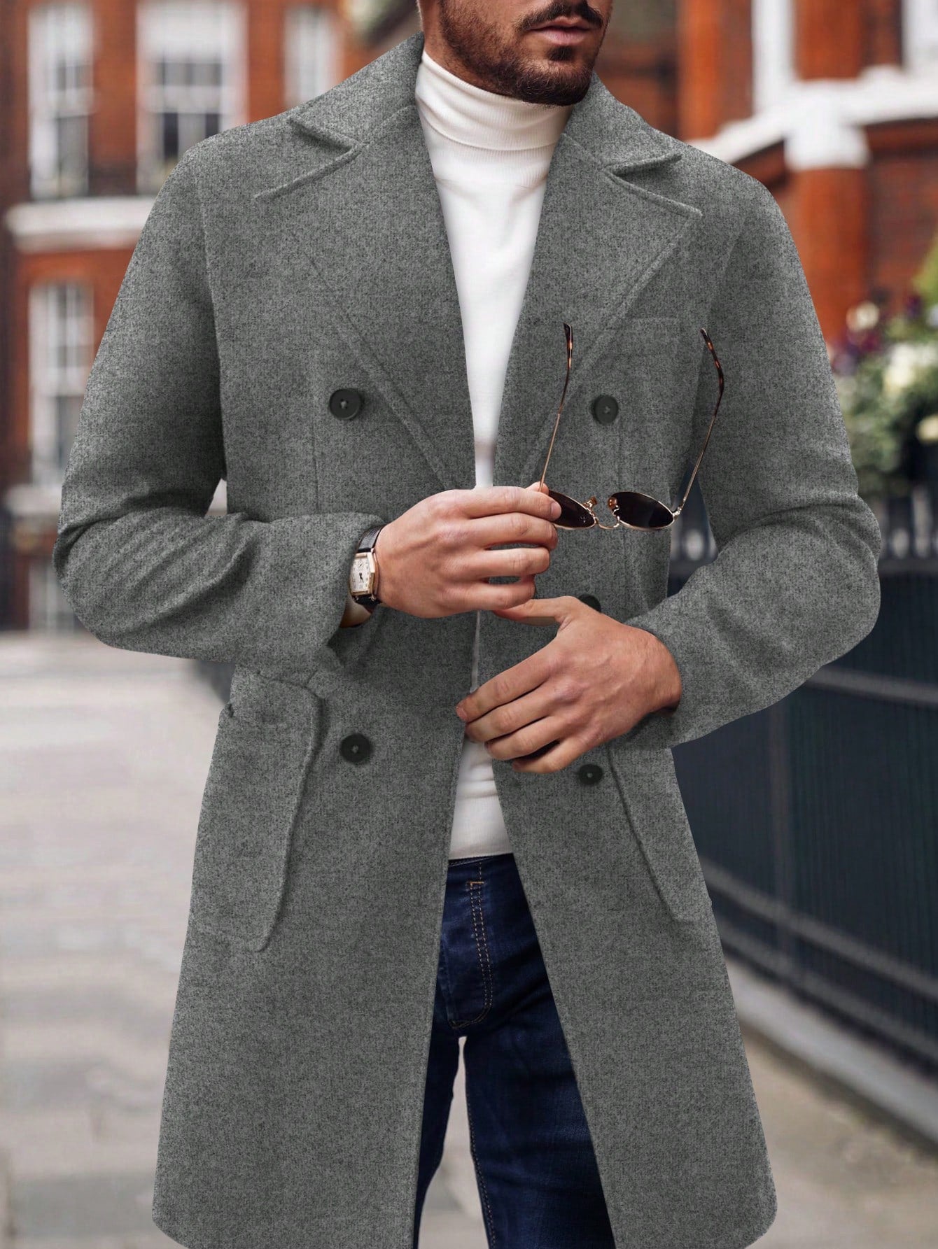 Men Lapel Collar Double Breasted Overcoat