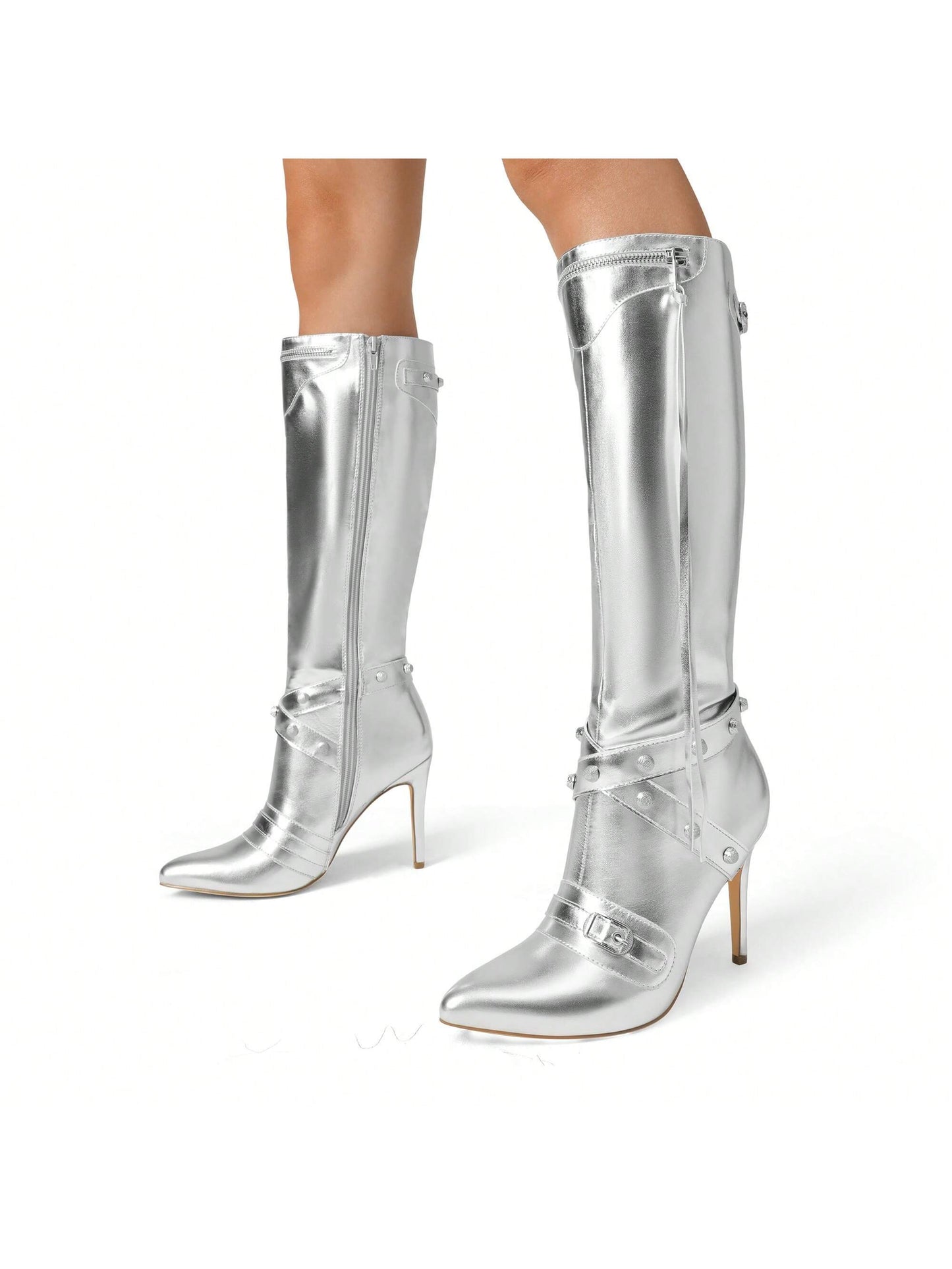 Women Metallic Stiletto Heeled Knee-High Boots, Fashion Thigh High Pointed Toe Dress Boots With Stud And ZipperTassel