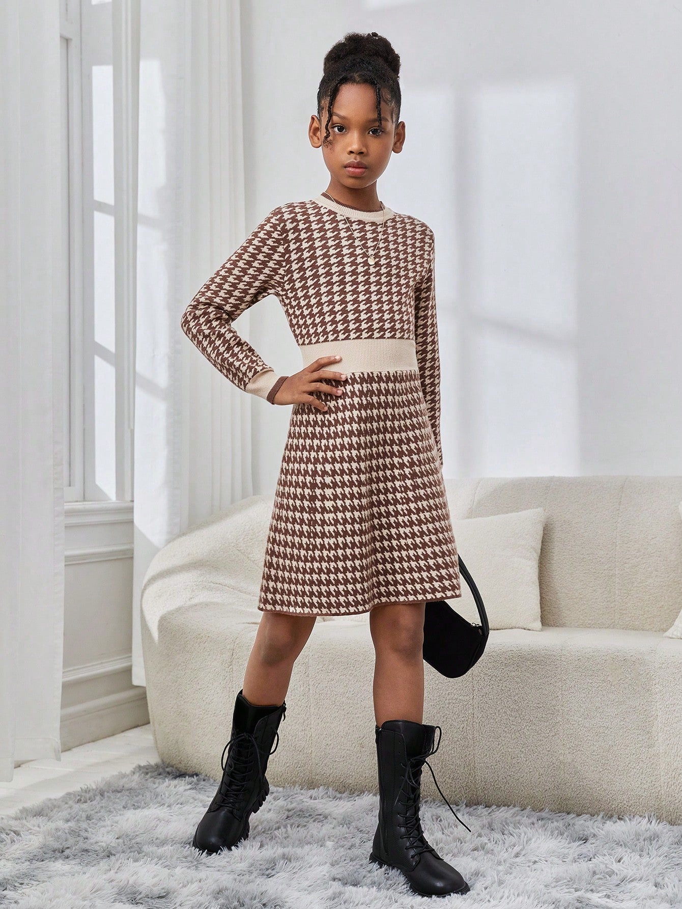 Girls' Plaid Pattern Long Sleeve Round Neck Pullover Sweater Dress, For Big Kids