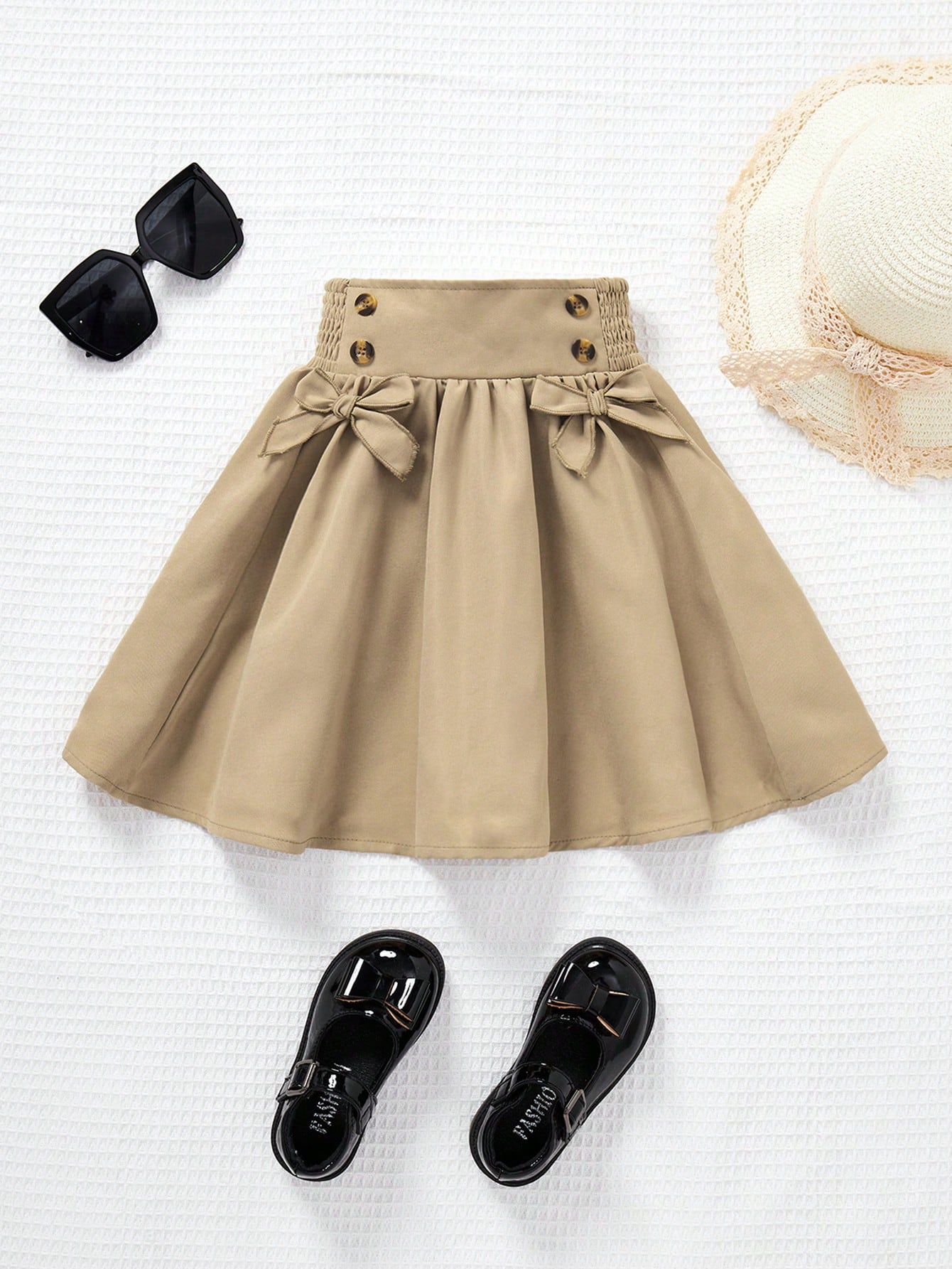 Young Girl Woven Solid Color Double-Breasted Skirt With Decorative Bowknot, A-Line